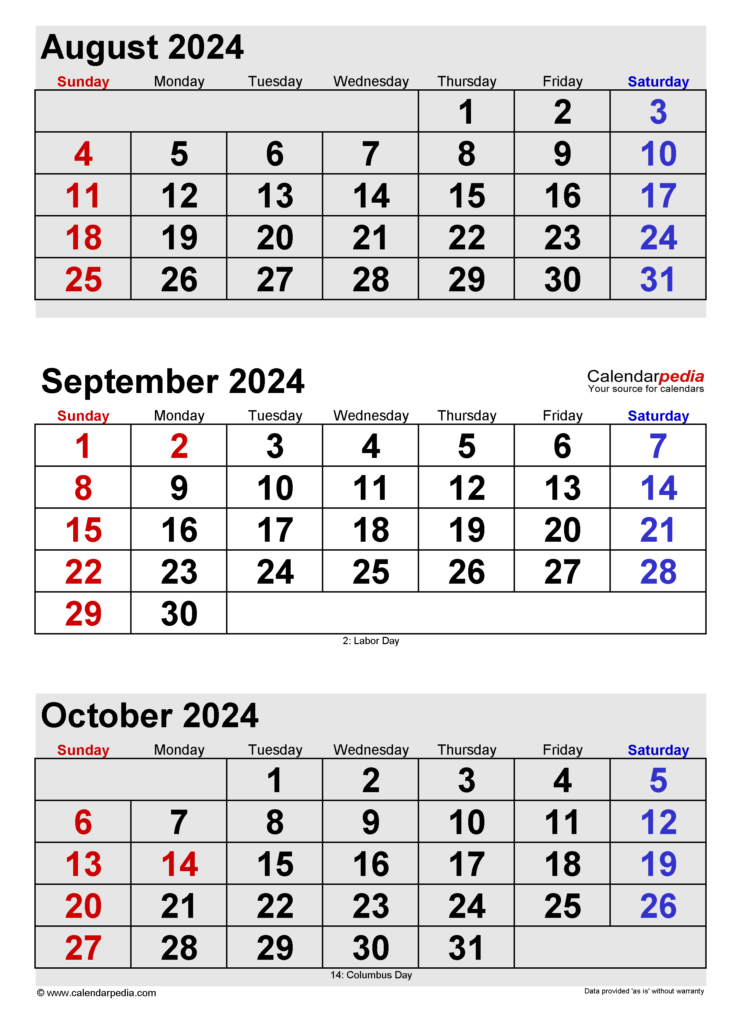 3 Month Calendar August September October 2024 Calendar 2024