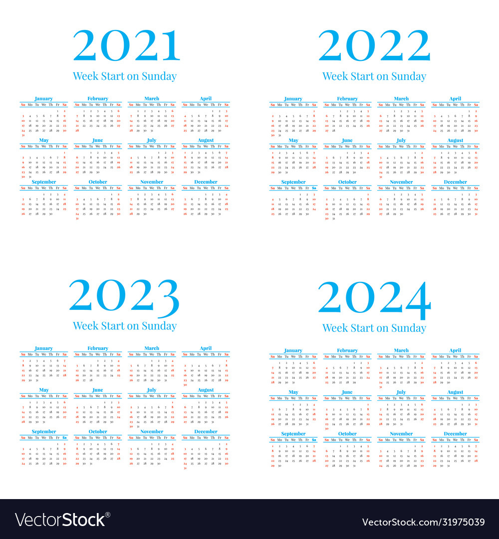 2021-2024 Calendar With Weeks Start On Sunday Vector Image | 3 Year Calendar 2021 To 2024 Printable