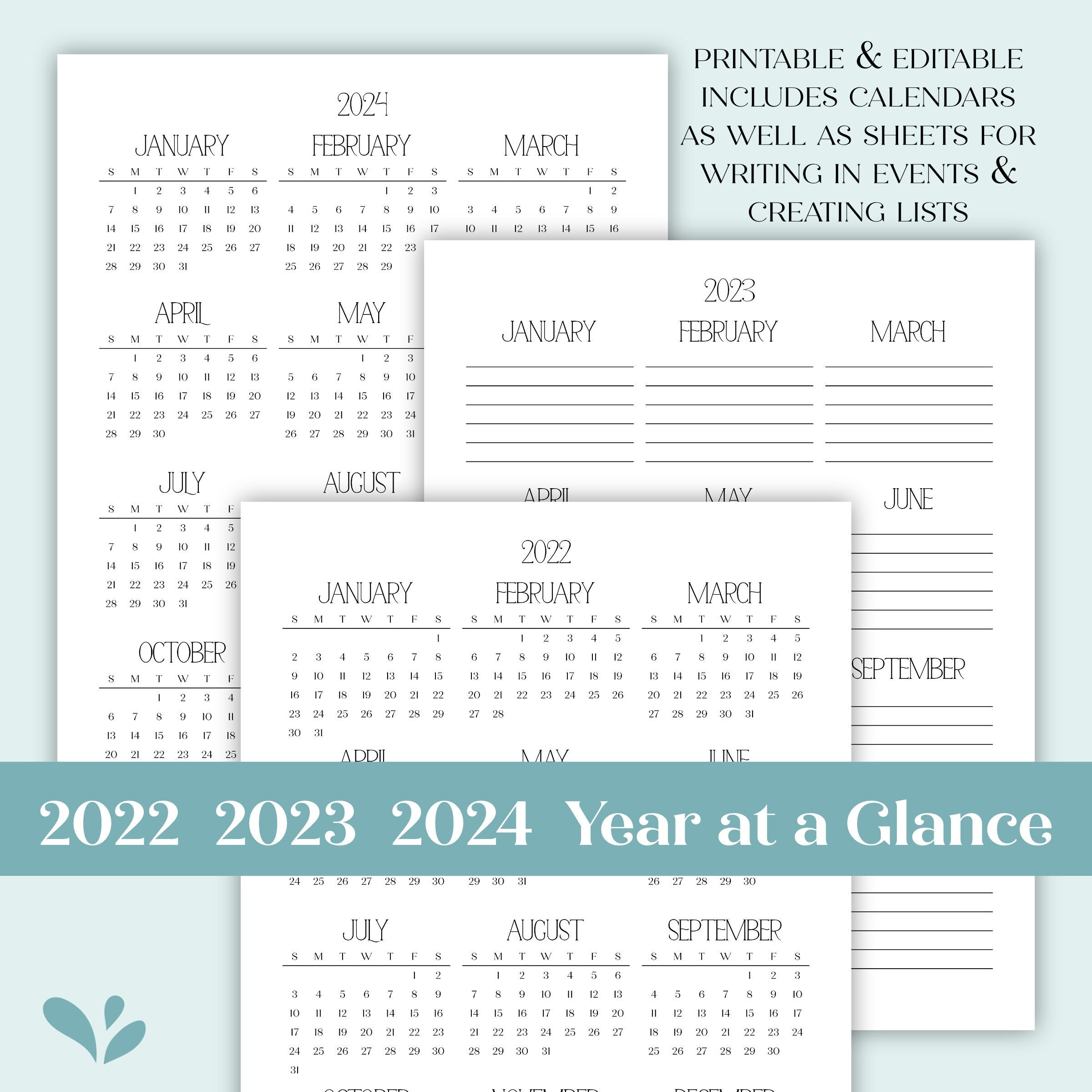 2022 2023 2024 Year At A Glance Minimalist Editable Printable | Postal Calendar 2024 Printable