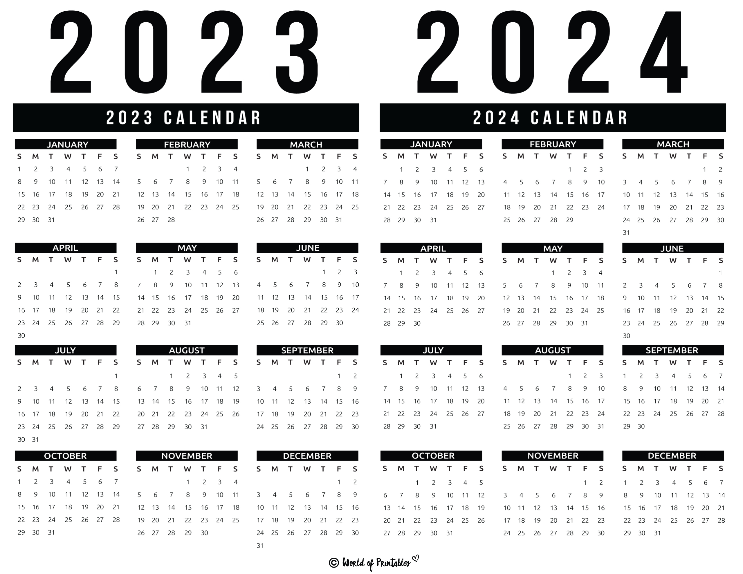 2023 2024 Calendar Free Printables - World Of Printables | 2 Year Printable Calendar 2023 and 2024