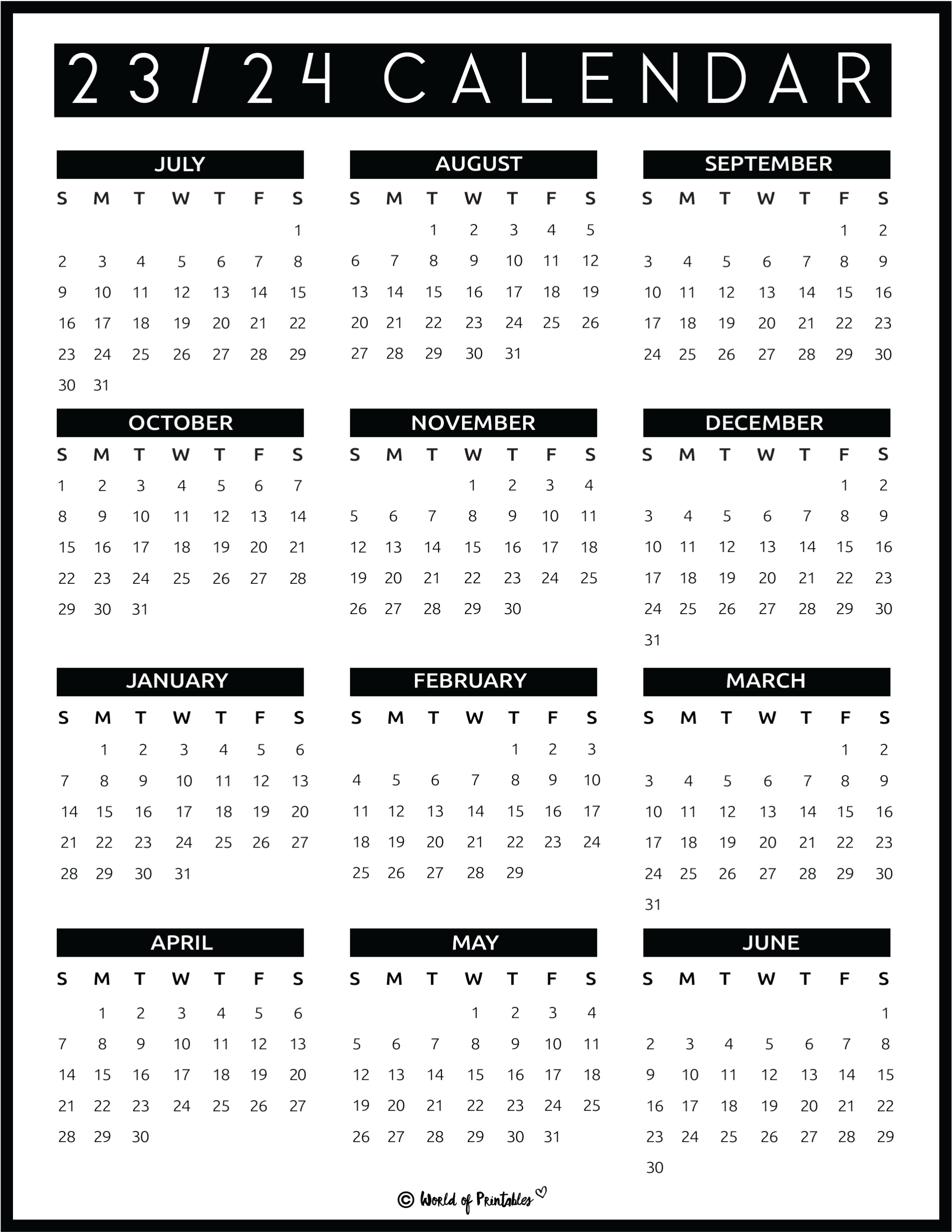 2023 2024 Calendar Free Printables - World Of Printables | 2023 2024 Academic Calendar Printable