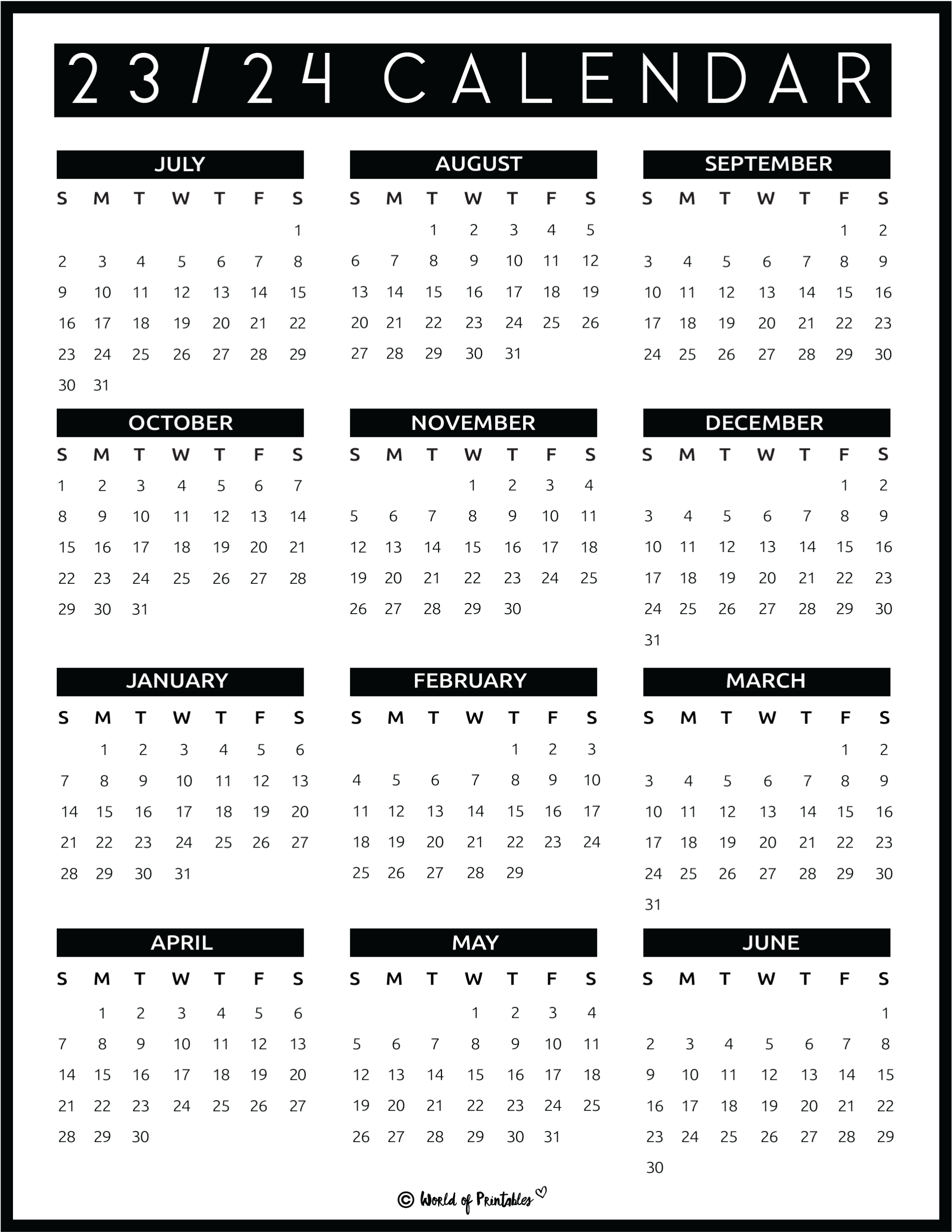 2023 2024 Calendar Free Printables - World Of Printables | 2023 2024 Printable Calender