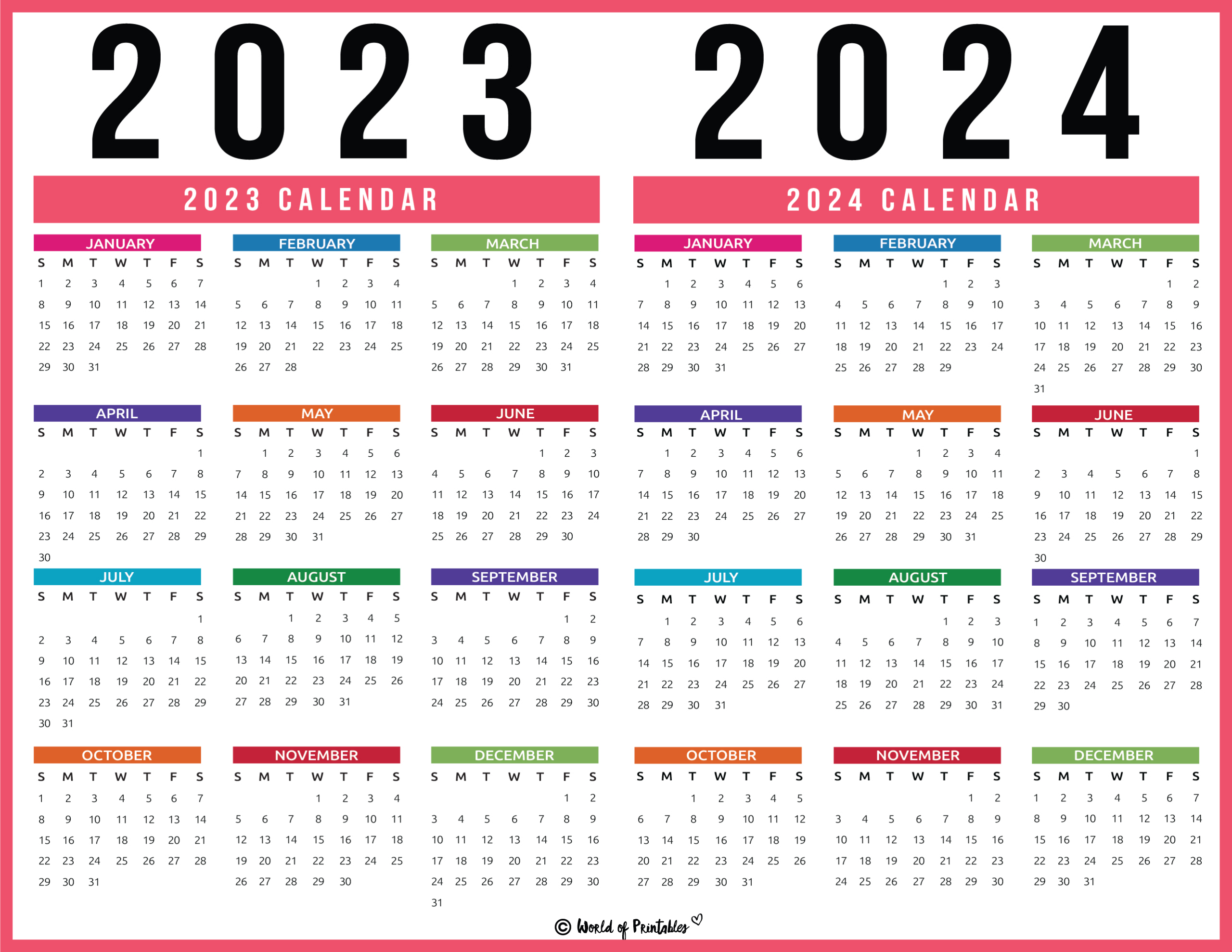 2023 2024 Calendar Free Printables - World Of Printables | 2023 and 2024 Calendar Planner Free Printable