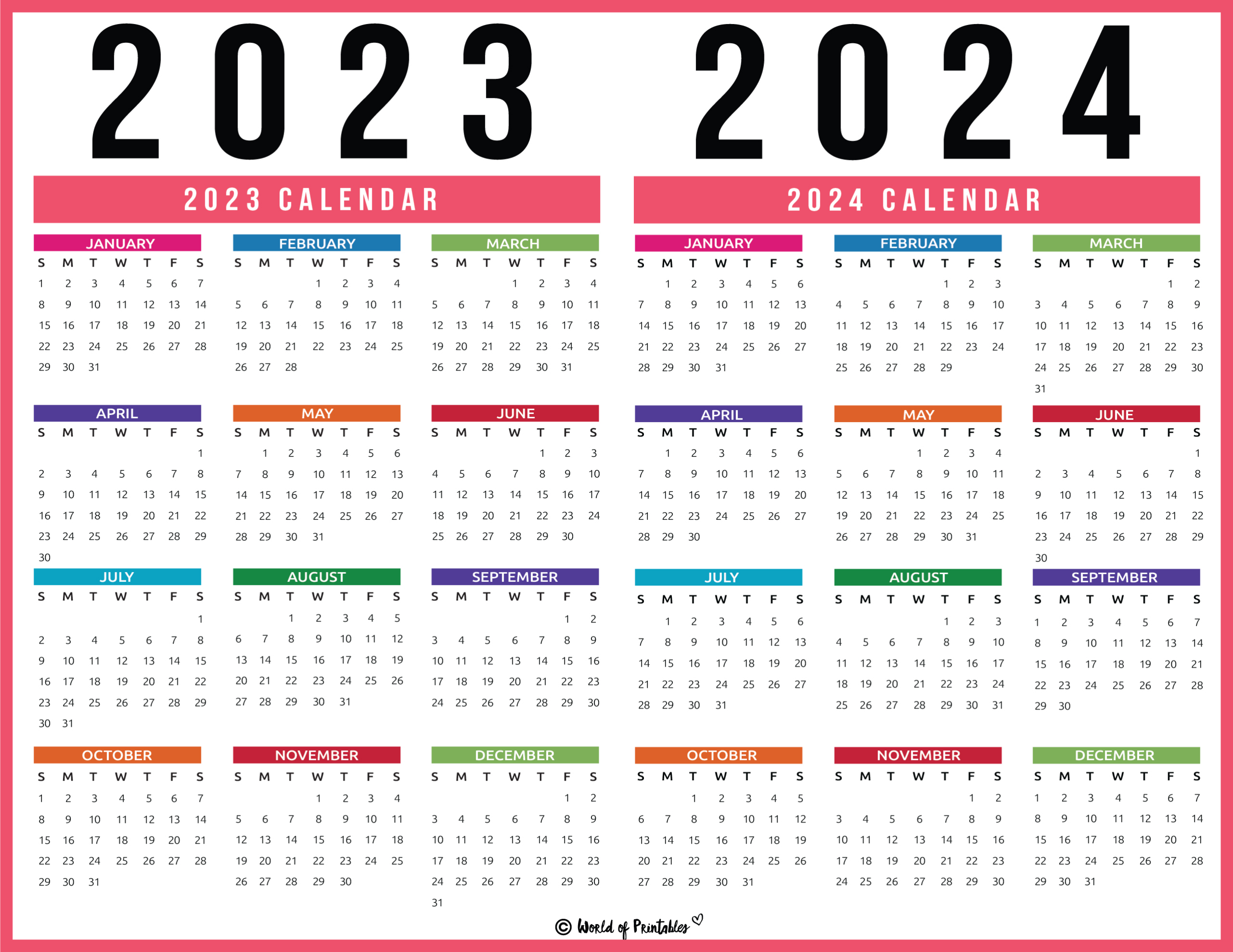 2023 2024 Calendar Free Printables - World Of Printables | 2023 Calendar 2024 Printable PDF Free