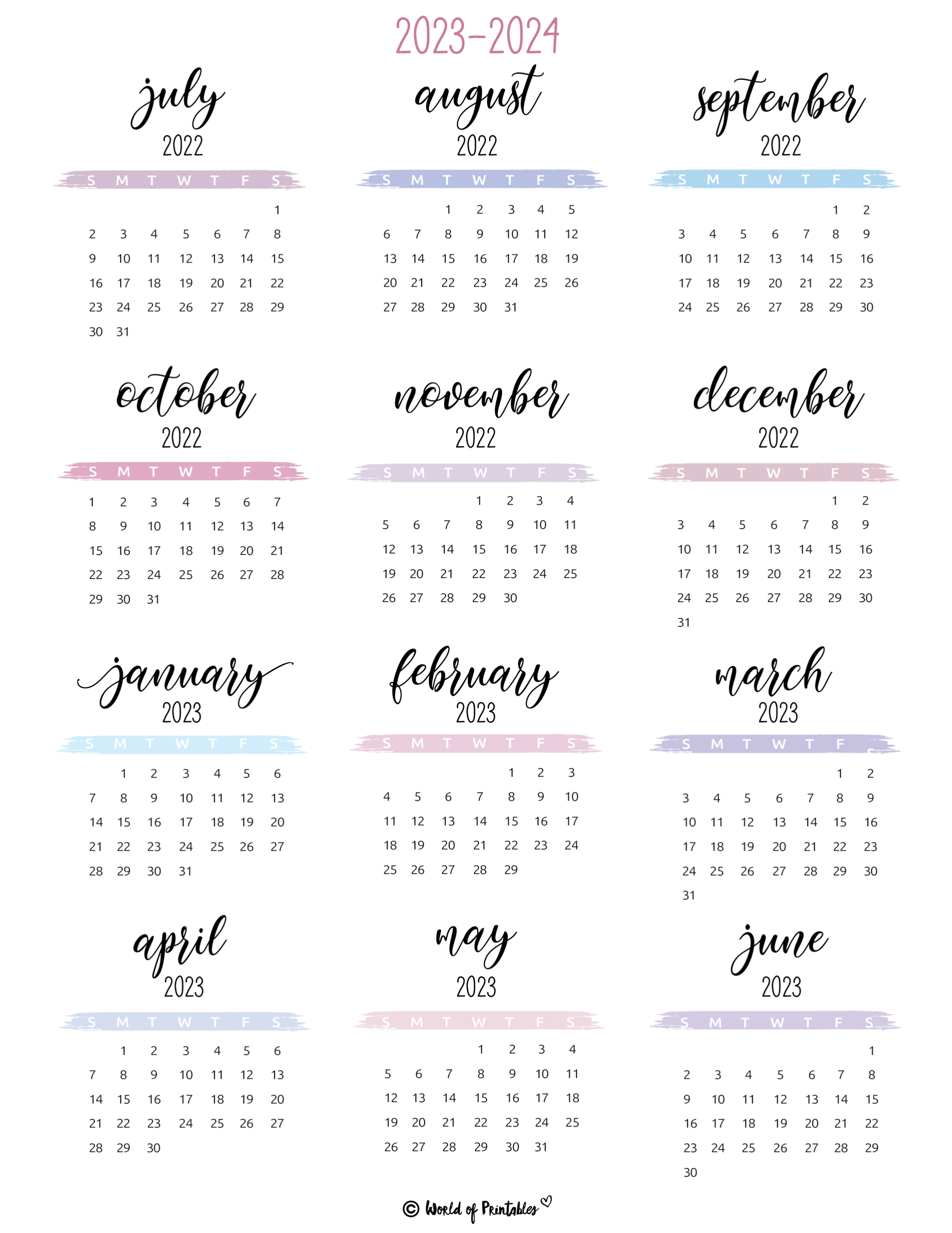 2023 2024 Calendar Free Printables - World Of Printables | 2024 Mini Calendar Printable