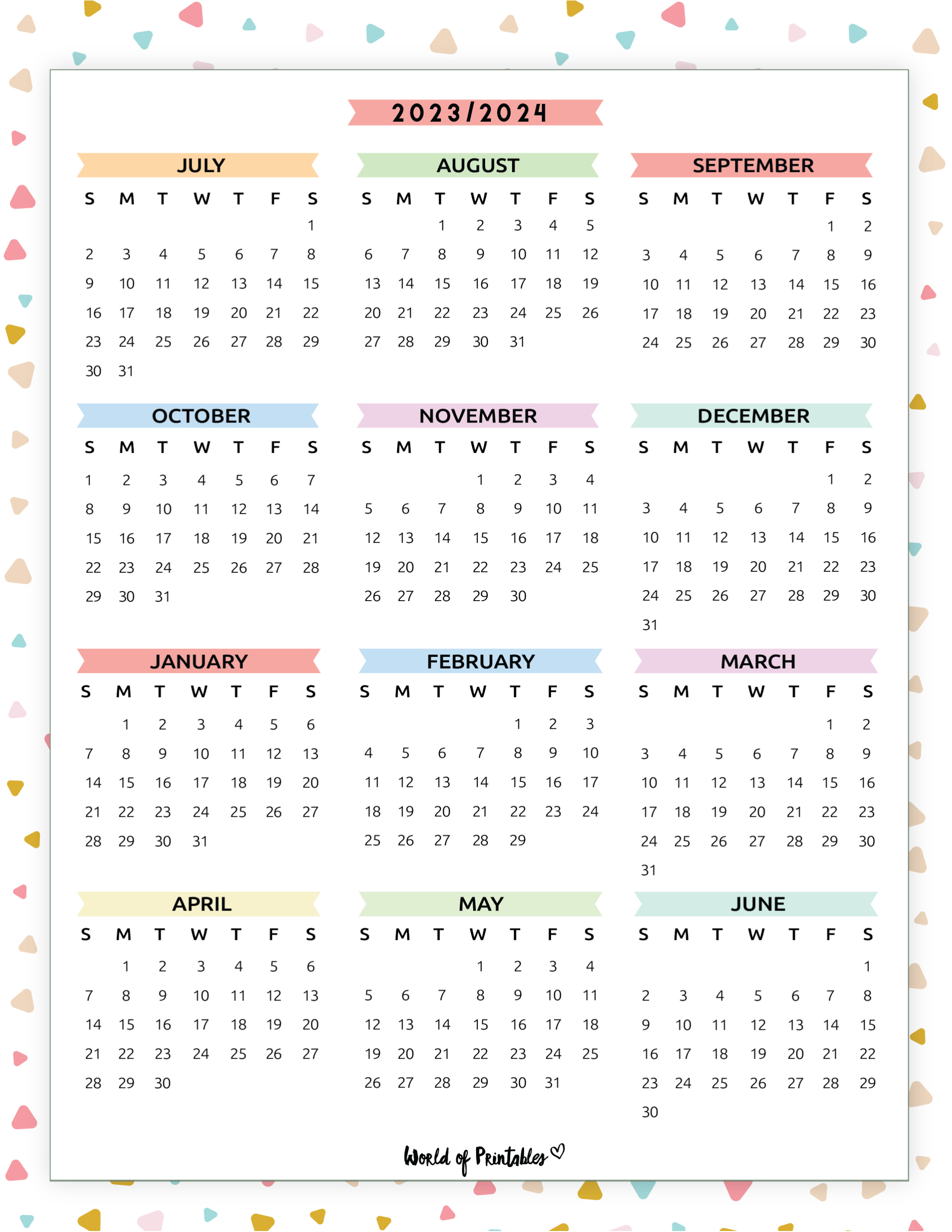 2023 2024 Calendar Free Printables - World Of Printables | Cute 2024 Calendar Printable