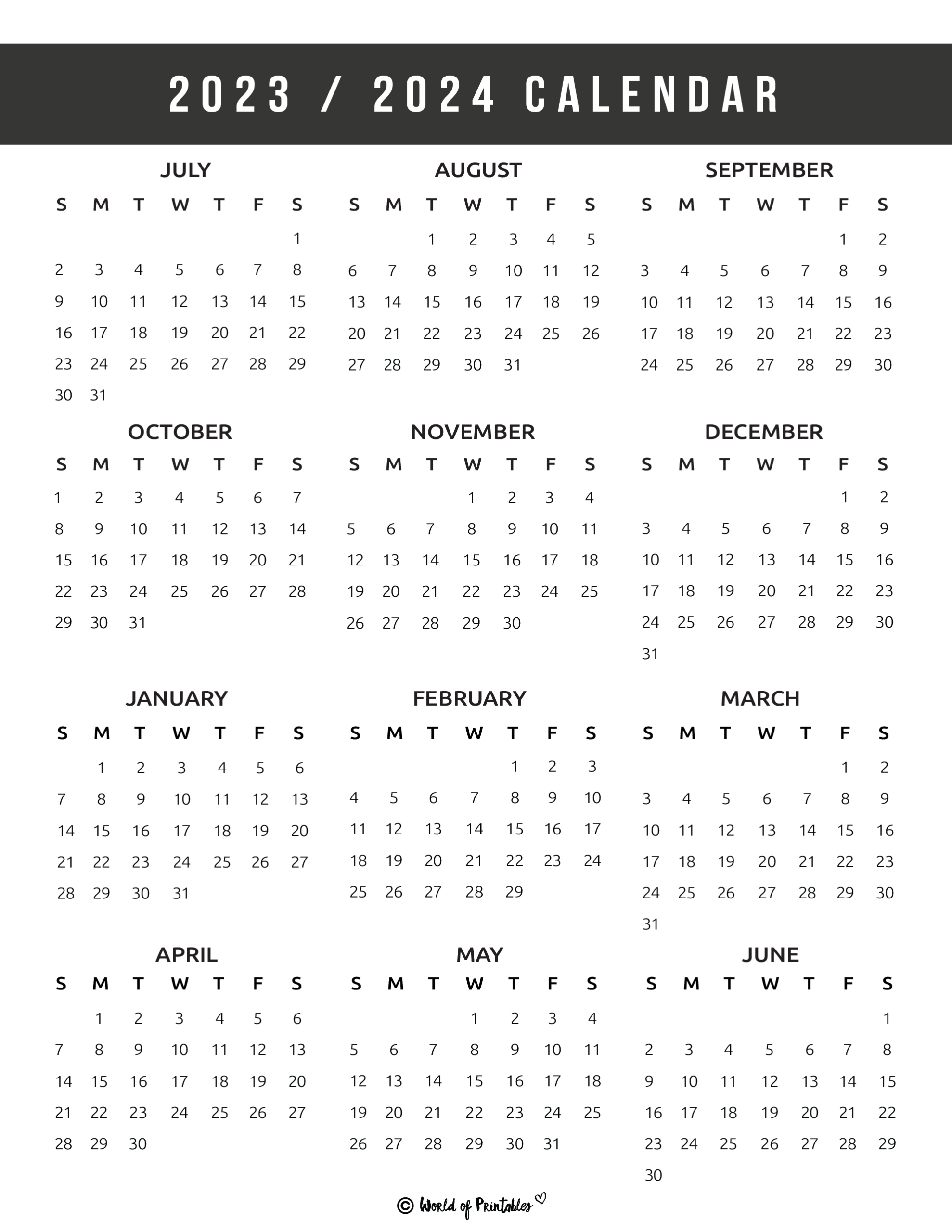 2023 2024 Calendar Free Printables - World Of Printables | Printable Calendar July 2023 Through June 2024