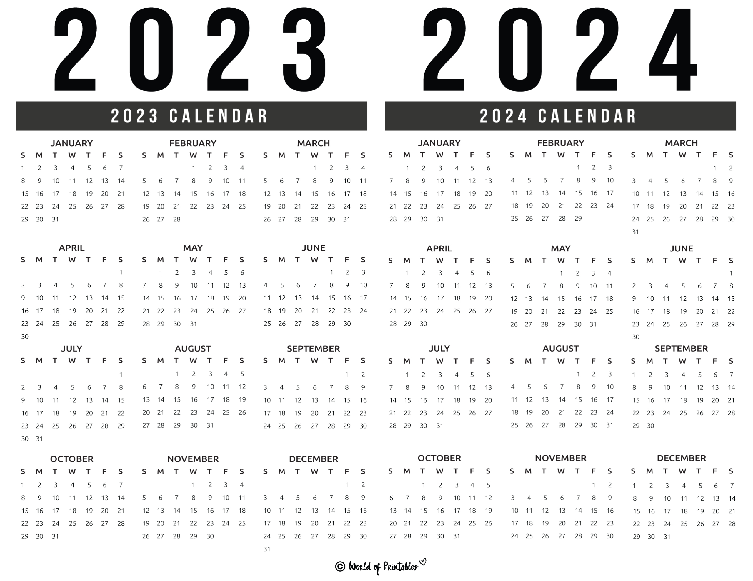 2023 2024 Calendar Free Printables - World Of Printables | Yearly Calendar 2023 2024 Printable