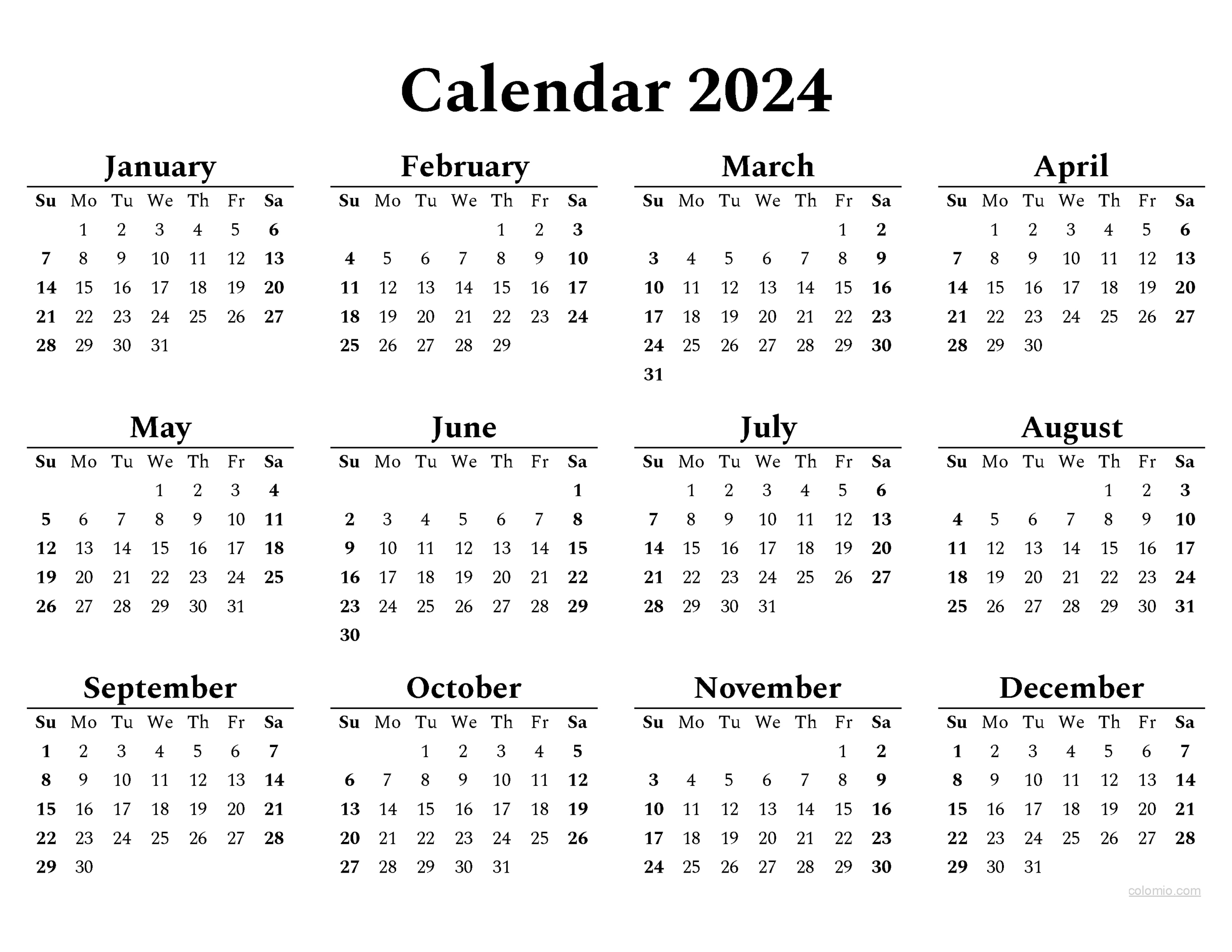 Year Calendar 2024 Printable PDF | Calendar 2024 | Printable Calendar 2024