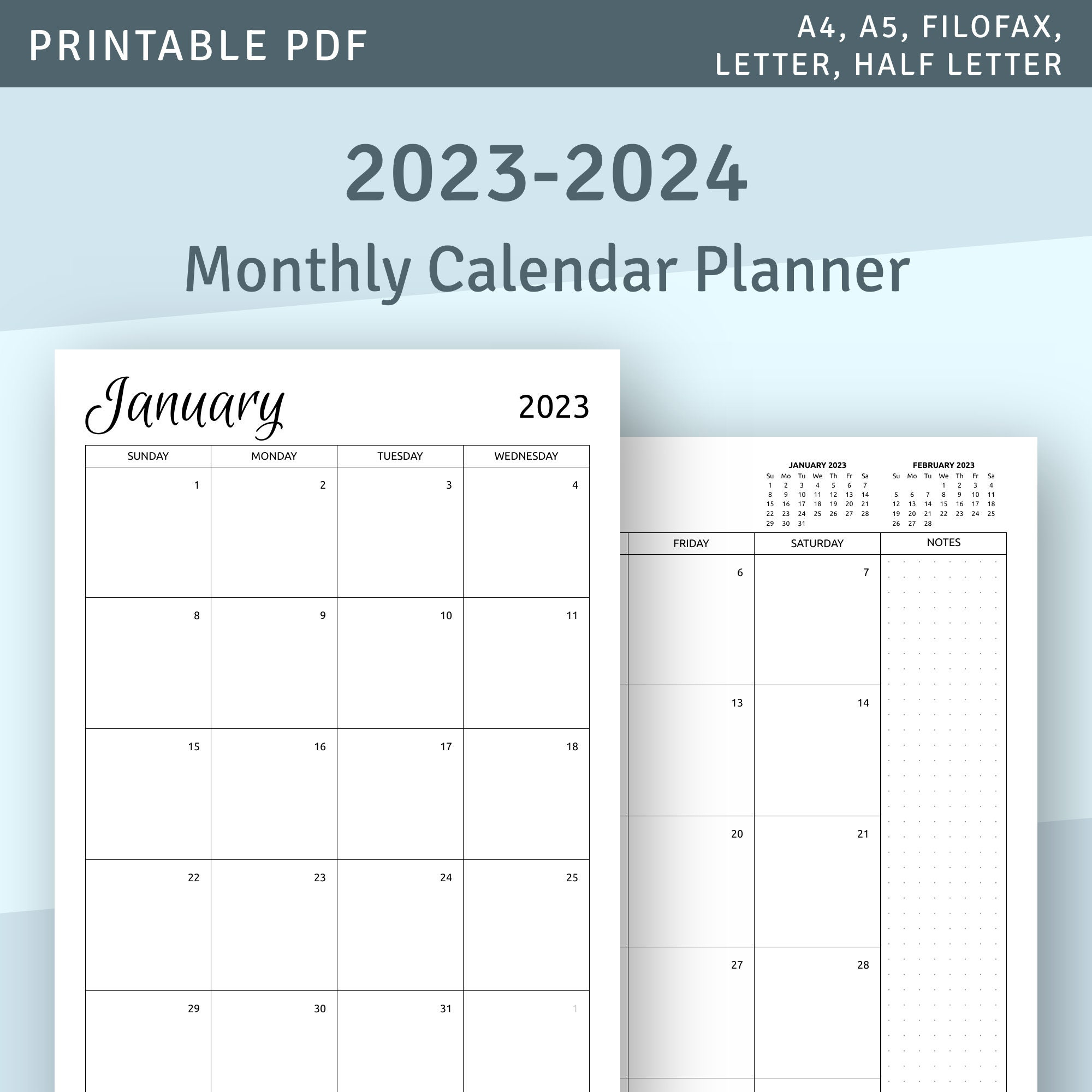 2023 2024 Monthly Calendar Printable Template Download - Etsy Uk | 2023 and 2024 Calendar Planner Printable