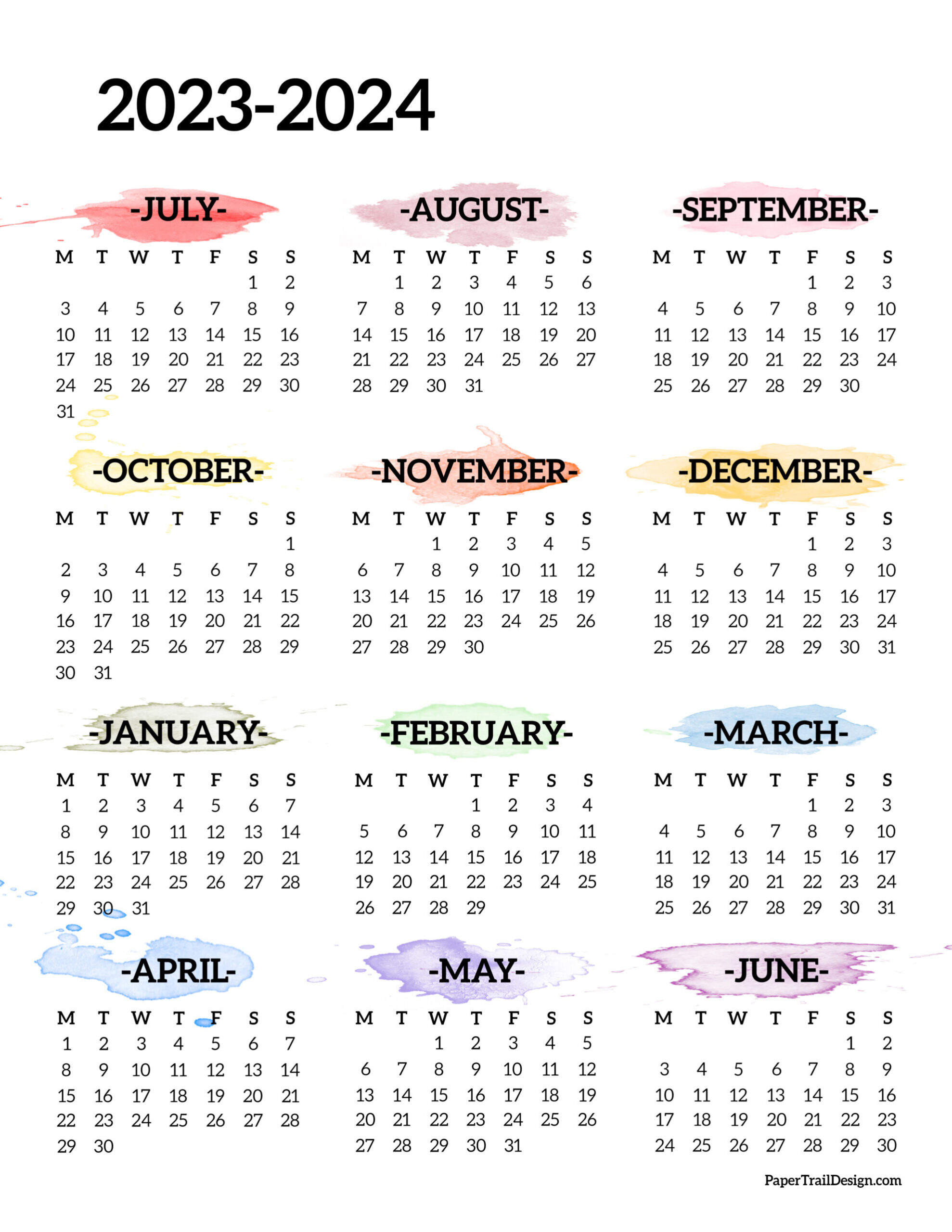 2023-2024 School Year Calendar Free Printable - Paper Trail Design | 2023 2024 Academic Calendar Printable