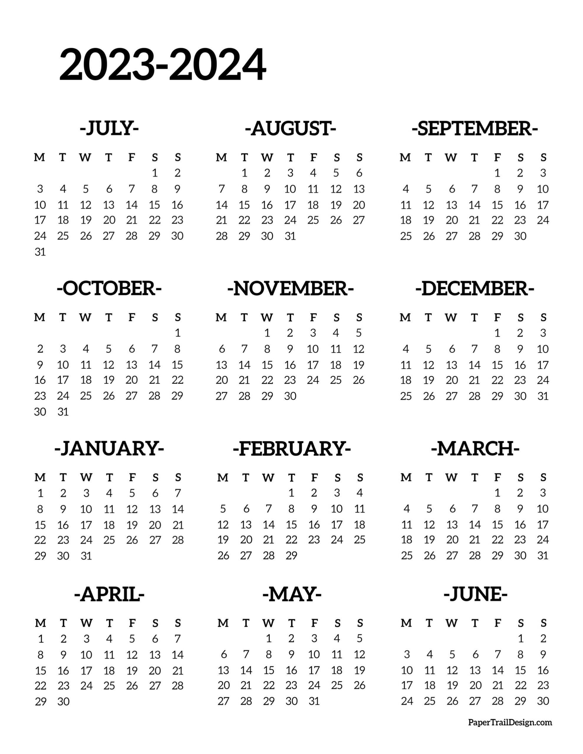 2023-2024 School Year Calendar Free Printable - Paper Trail Design | 2023 2024 Monthly Calendar Printable
