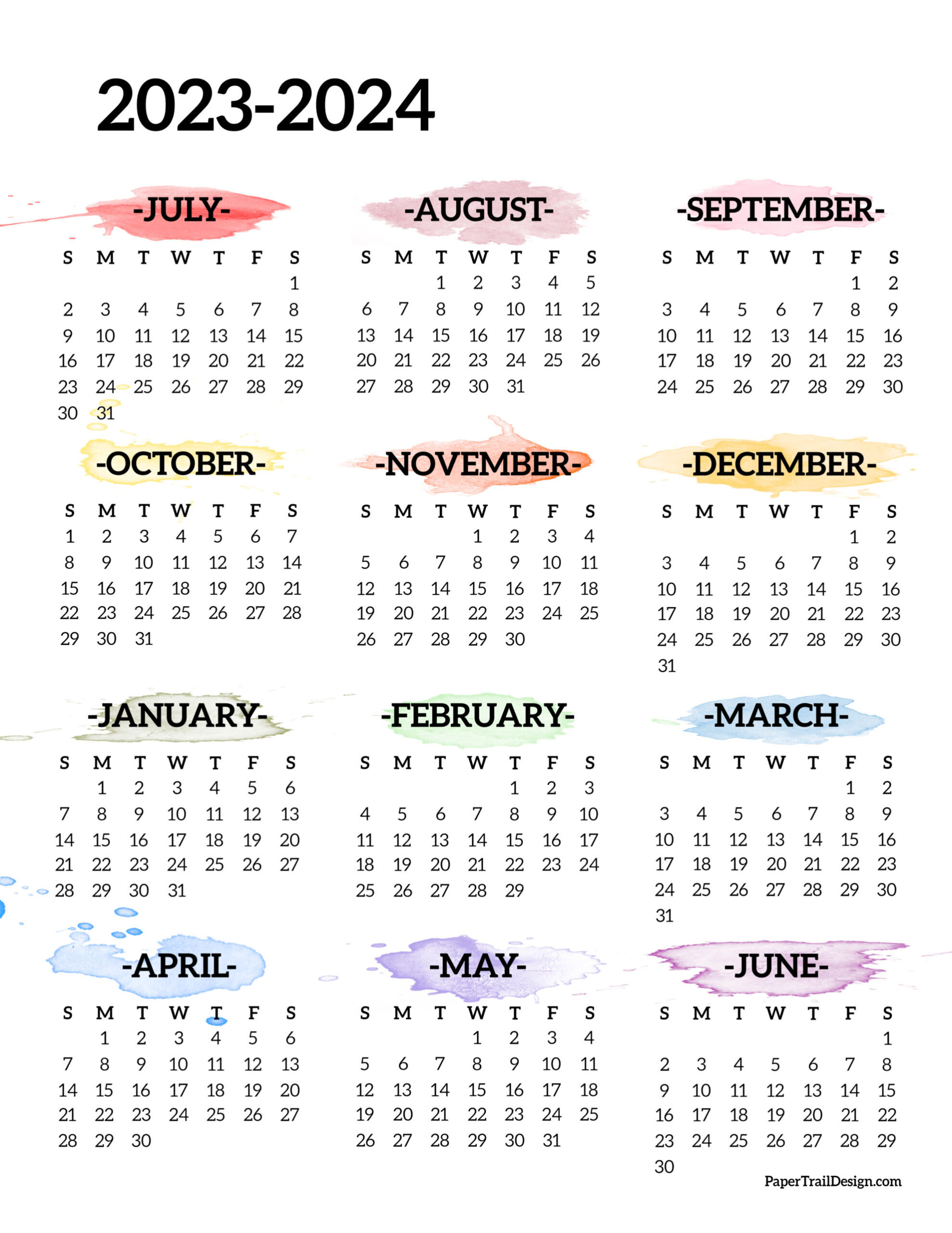 2023-2024 School Year Calendar Free Printable - Paper Trail Design | August 2023 June 2024 Calendar Printable