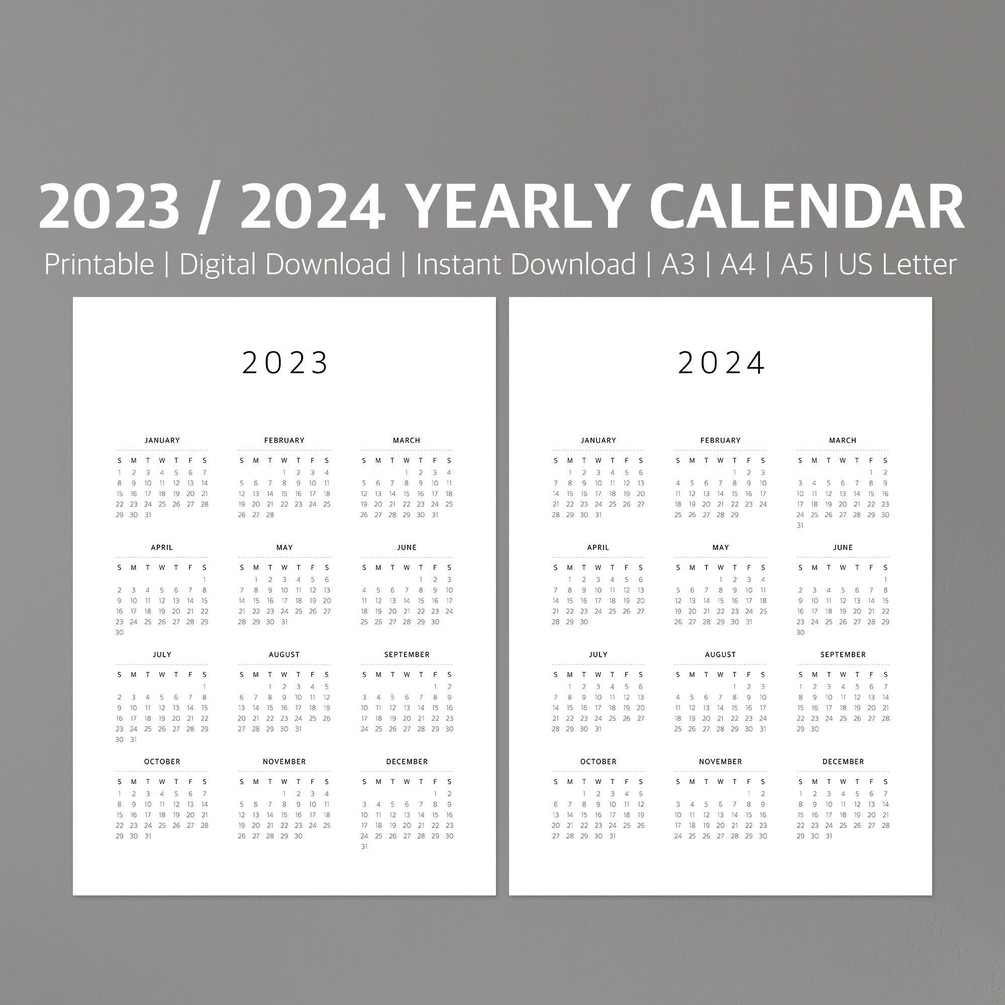 2023-24 Calendar Printable Yearly Calendar Modern Calendar - Etsy Uk | 2023 Calendar 2024 Printable Uk