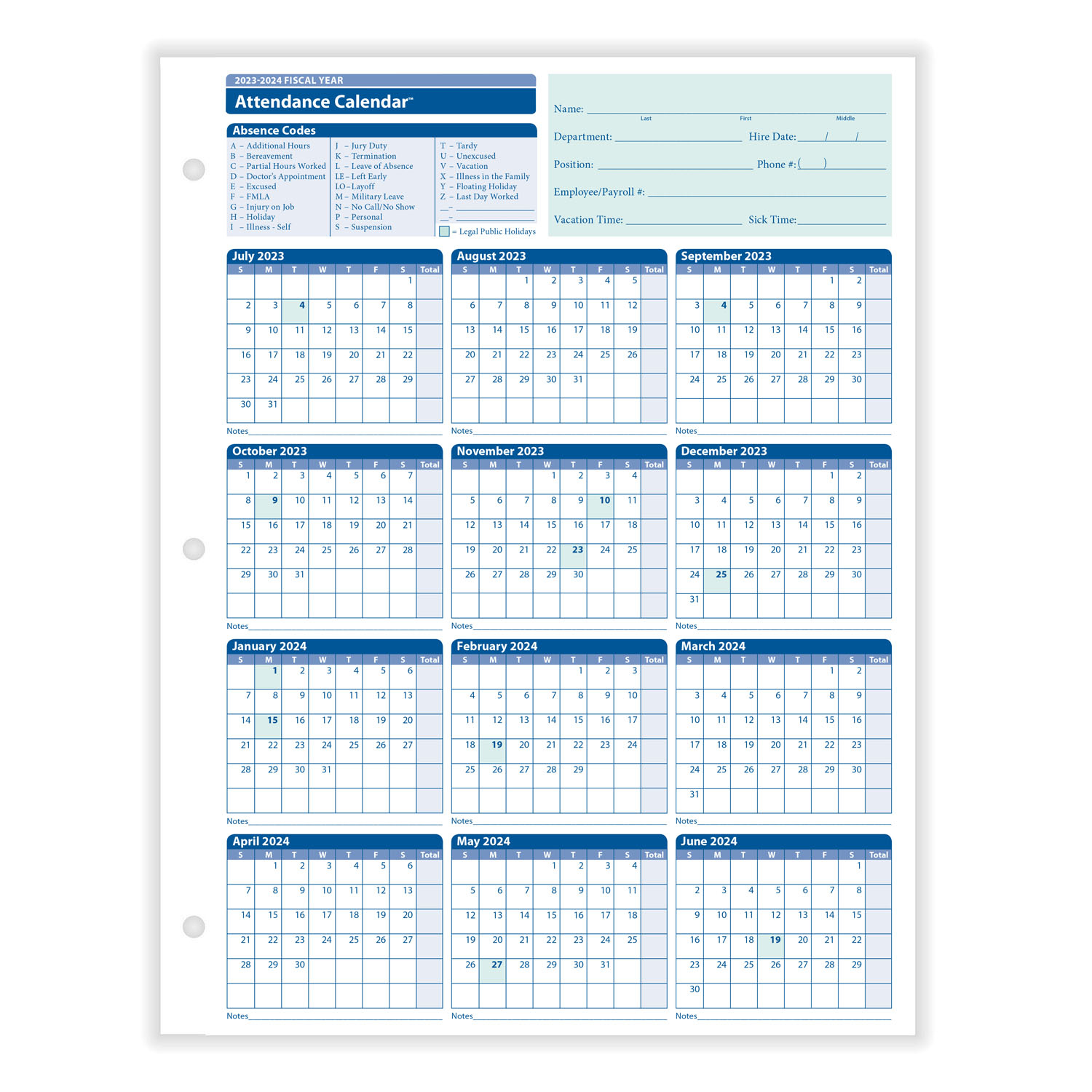 2023 Fiscal Year Attendance Calendar | Yearly Attendance | Hrdirect | Free Printable Employee Attendance Calendar 2024