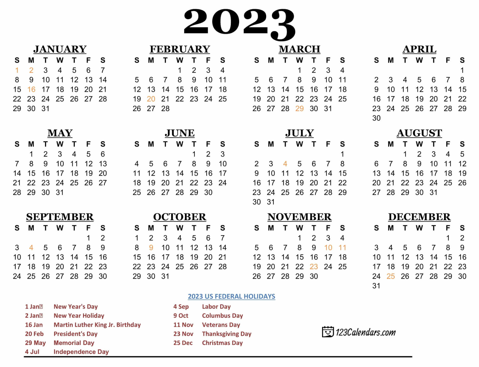 2023 Printable Calendar | 123Calendars |  Calendar 2024