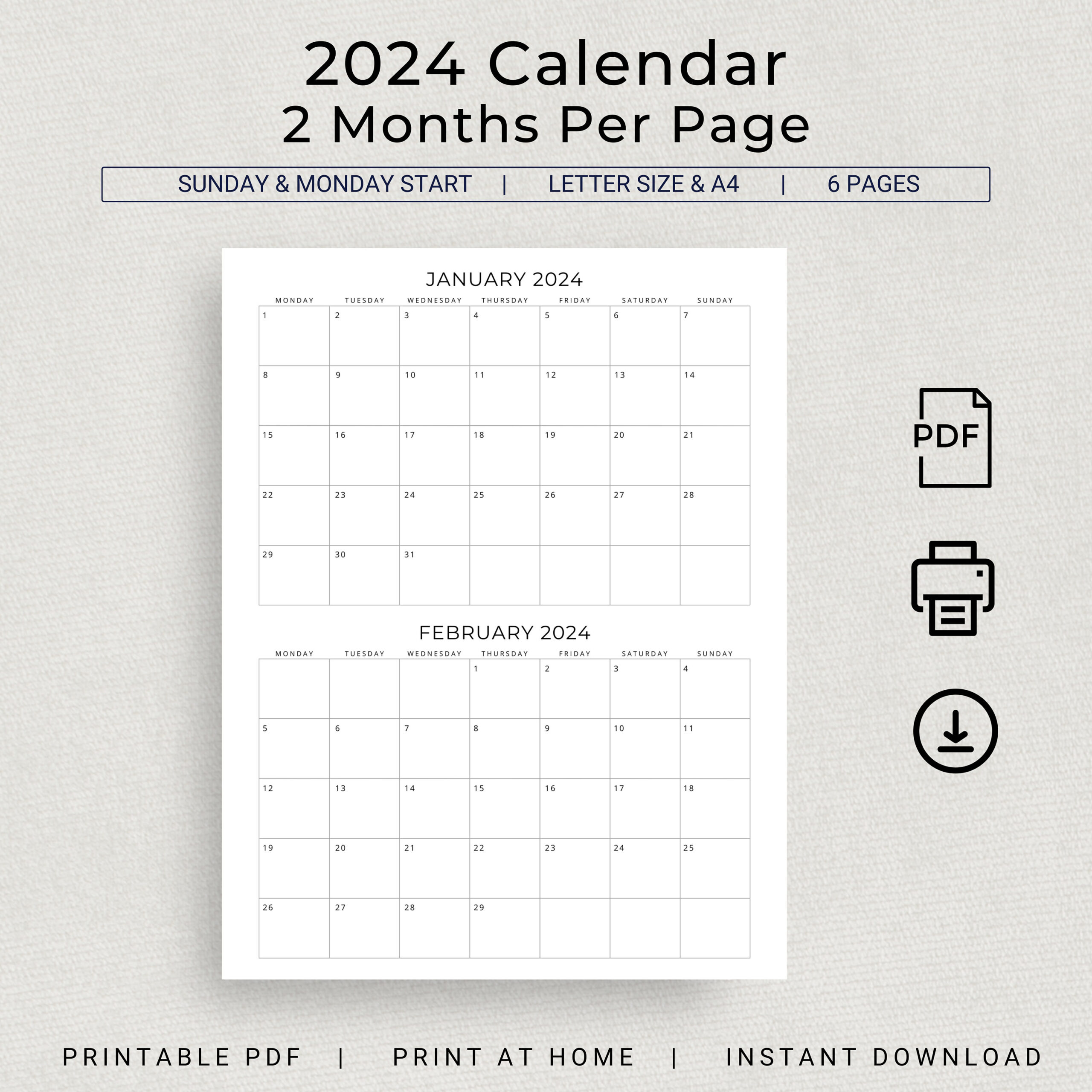 2024 2 Month Calendar 2024 Planner Calendar Wall Calendar 2 - Etsy | Printable Calendar 2024 2 Months Per Page