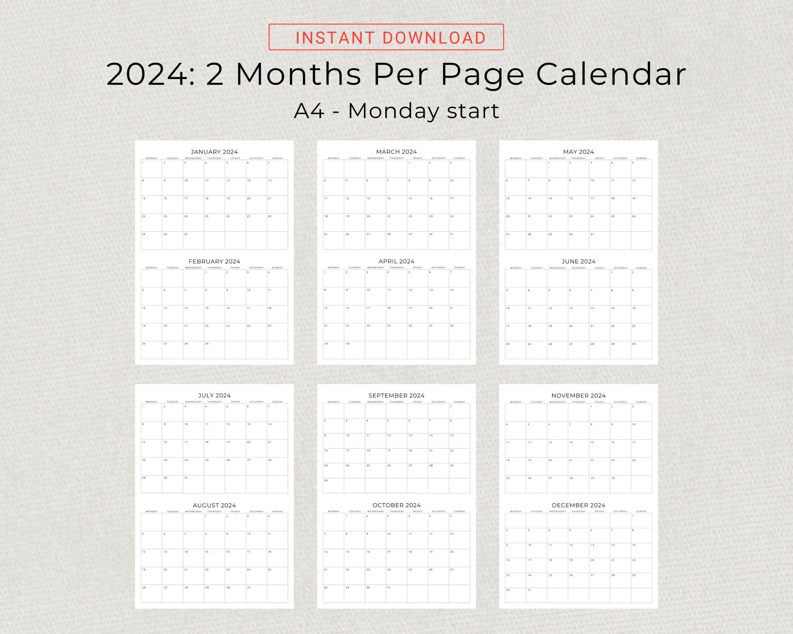 2024 2 Month Calendar 2024 Planner Calendar Wall Calendar 2 Months Per Page  Monthly Calendar 2024 Organizer Minimalist Printable Calendar |  Calendar 2024