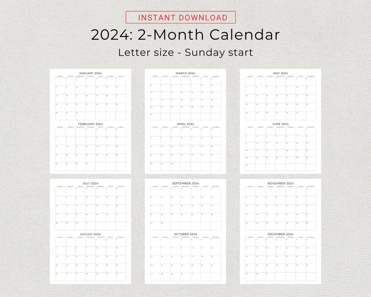 2024 2 Month Calendar 2024 Planner Calendar Wall Calendar 2 Months Per Page  Monthly Calendar 2024 Organizer Minimalist Printable Calendar | Printable Calendar 2024 2 Months Per Page