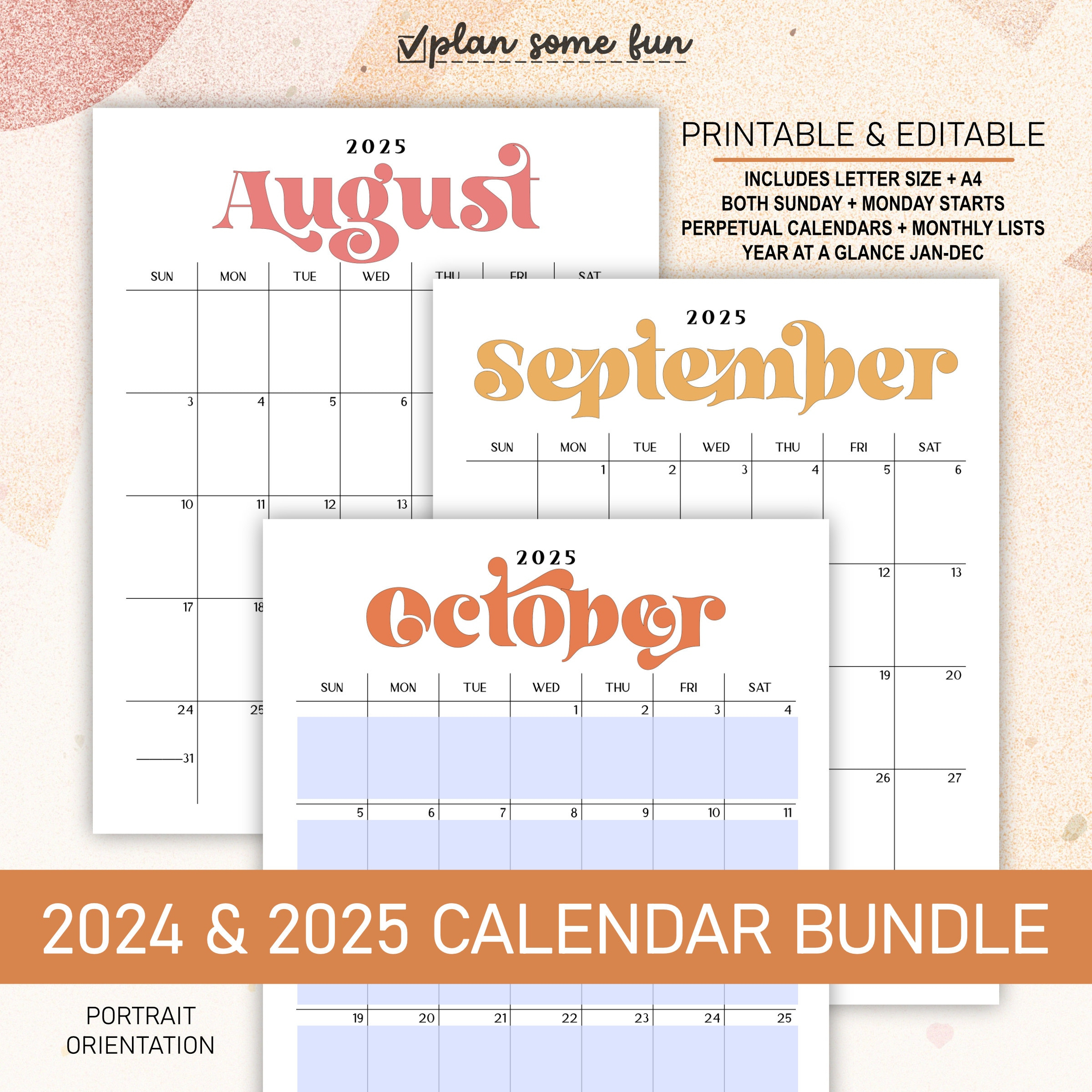 2024 2025 Calendar Bundle | Printable Editable Portrait Monthly | Postal Calendar 2024 Printable