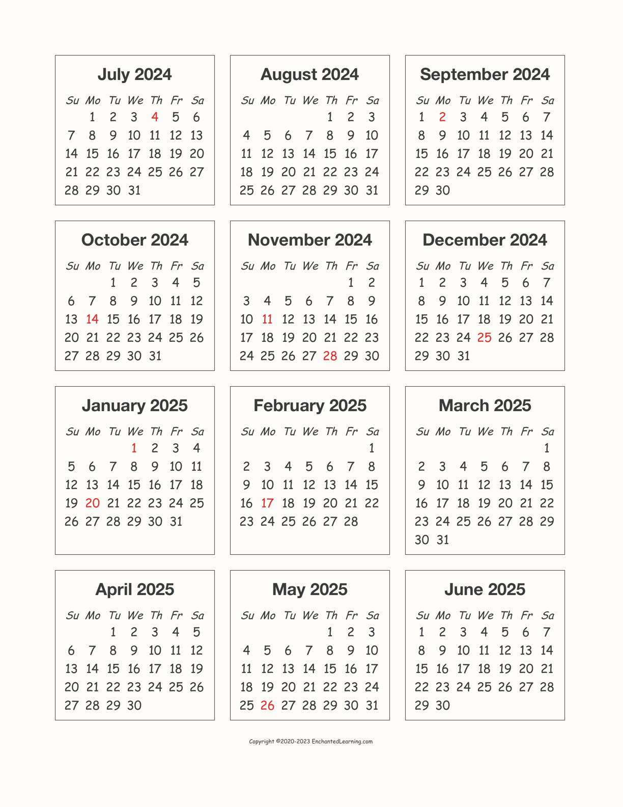 2024-2025 School-Year One-Page Calendar - Enchanted Learning | 2024 2025 Printable Calendar