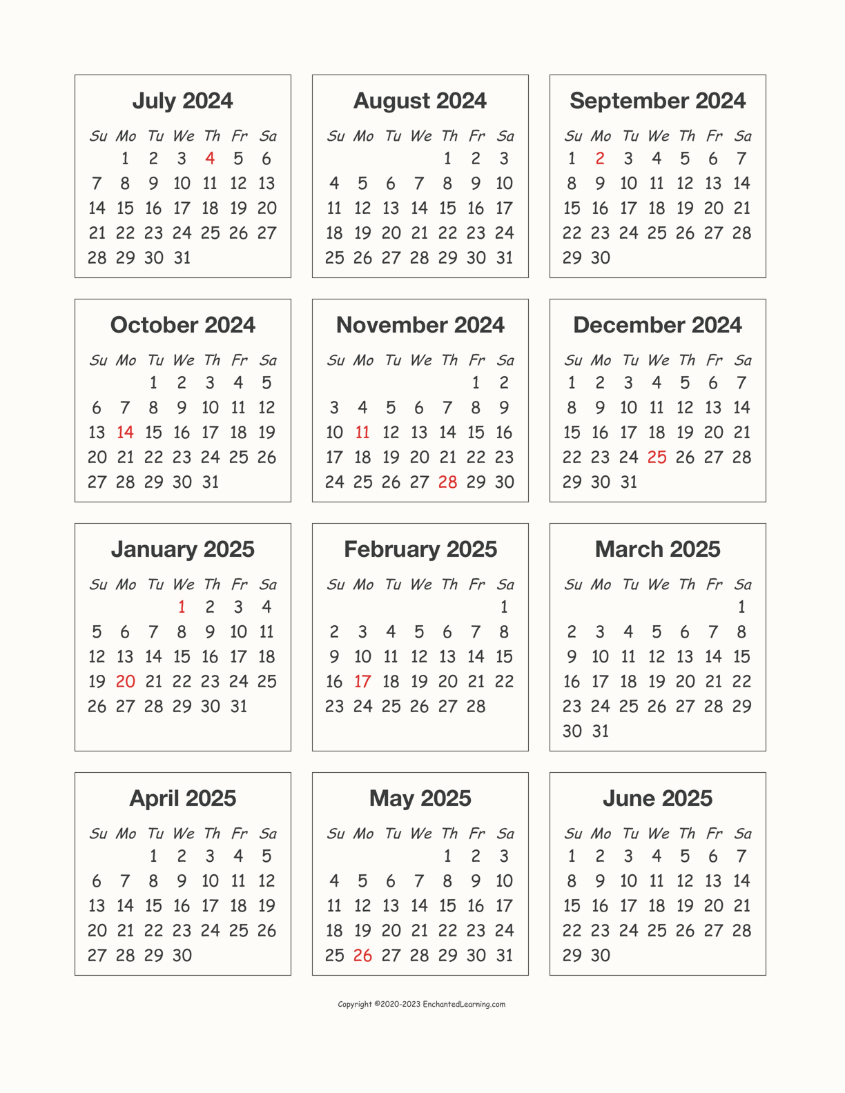 2024-2025 School-Year One-Page Calendar - Enchanted Learning |  Calendar 2024
