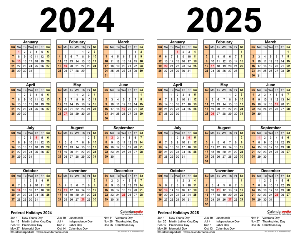 2024 And 2025 Calendar With Holidays Printable Free 