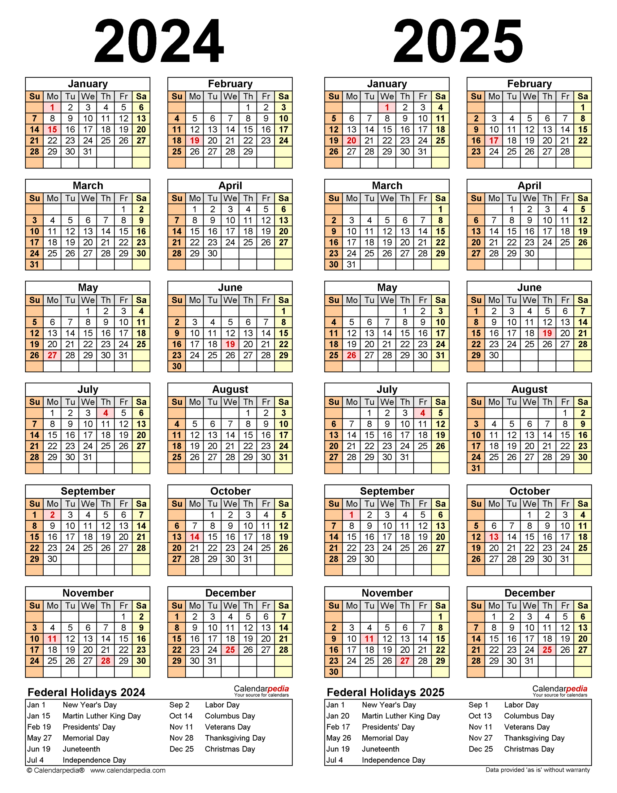 2024 and 2025 United States Printable Calendar | Calendar 2024 ...