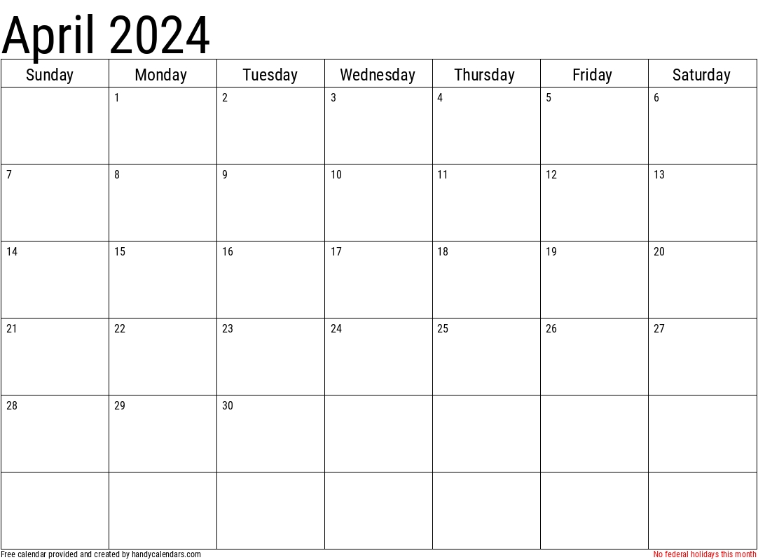 2024 April Calendars - Handy Calendars | April 2024 Calendar With Holidays Printable