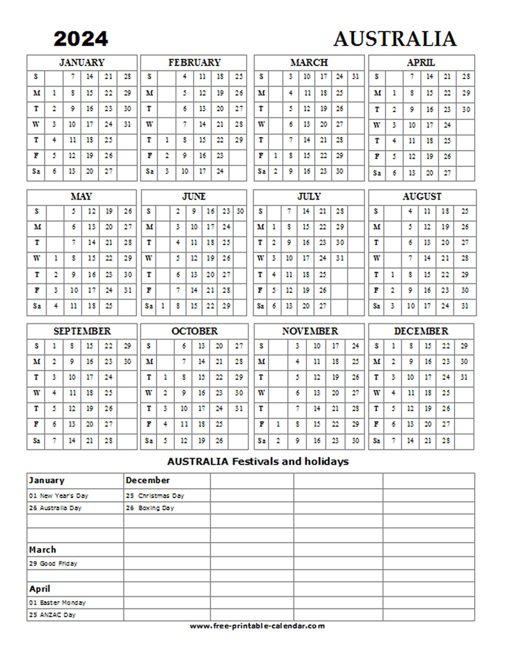 Printable Calendar 2024 Australia Calendar 2024 Printable Calendar 2024