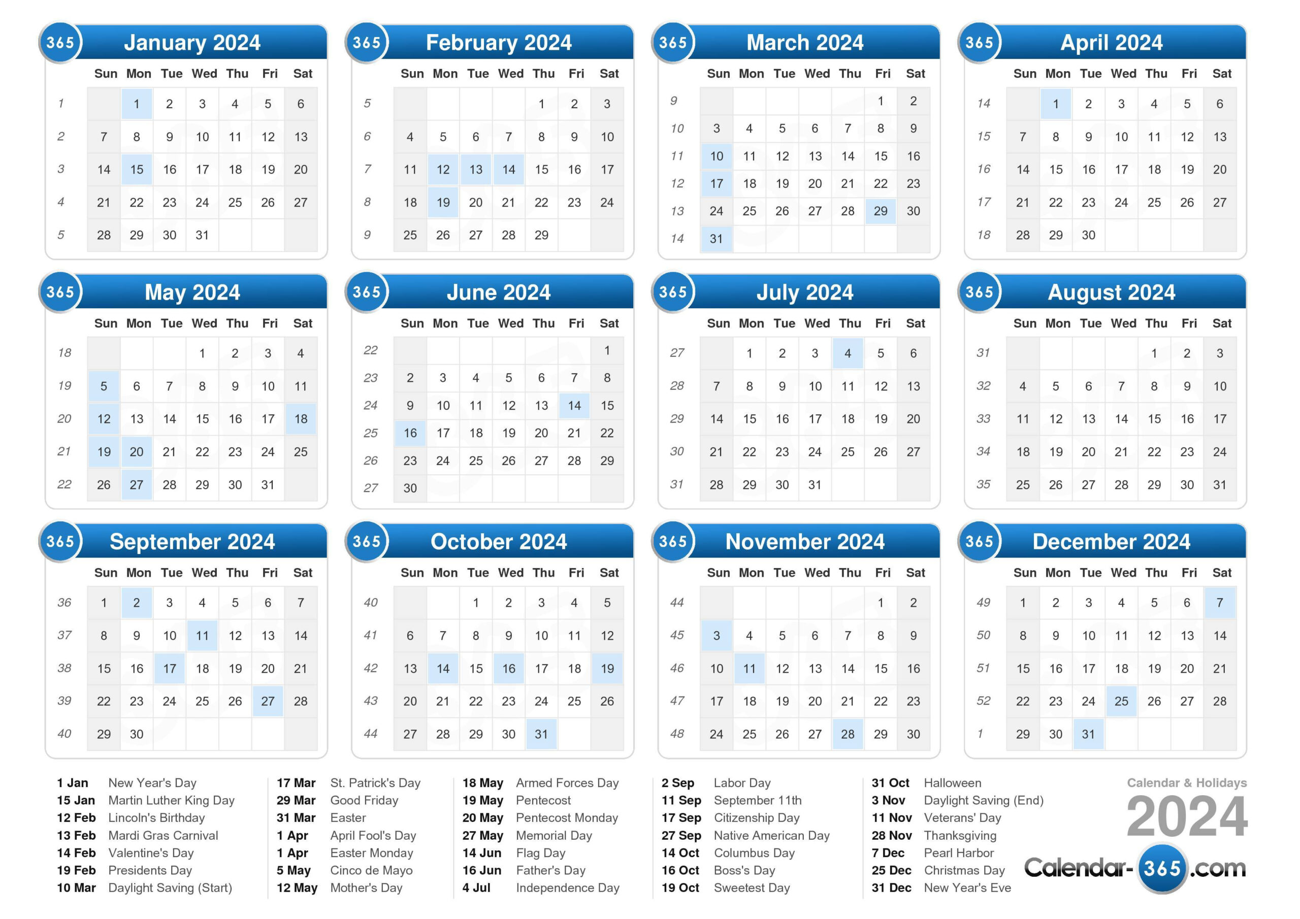 2024 Calendar | 2024 Calendar with Week Numbers Printable PDF