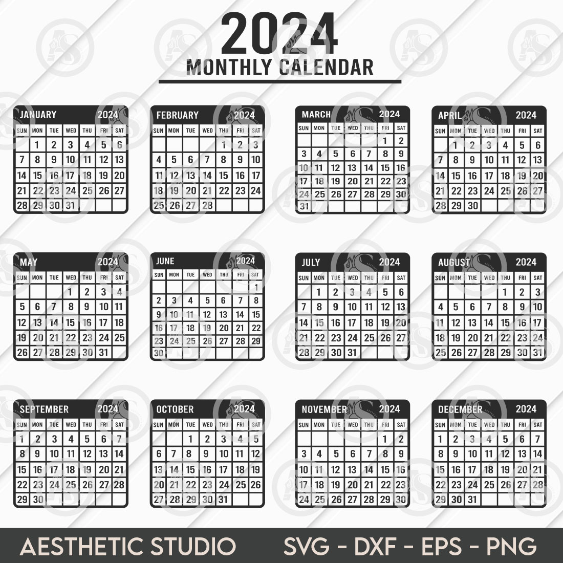 2024 Calendar, Calendar Svg, Yearly Calendar Svg, Calendar Silhouette,  Calendar Clipart, Calendar Vector Monthly Calendar, Calendar Png, Printable | Printable Monthly Calendar 6 By 9 2020 to 2024