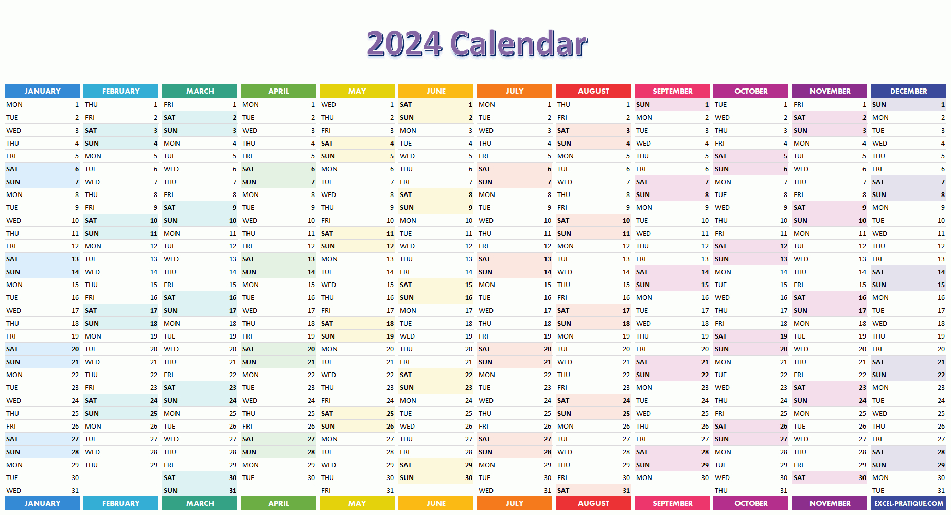 2024 Calendar | Excel 2024 Calendar Printable