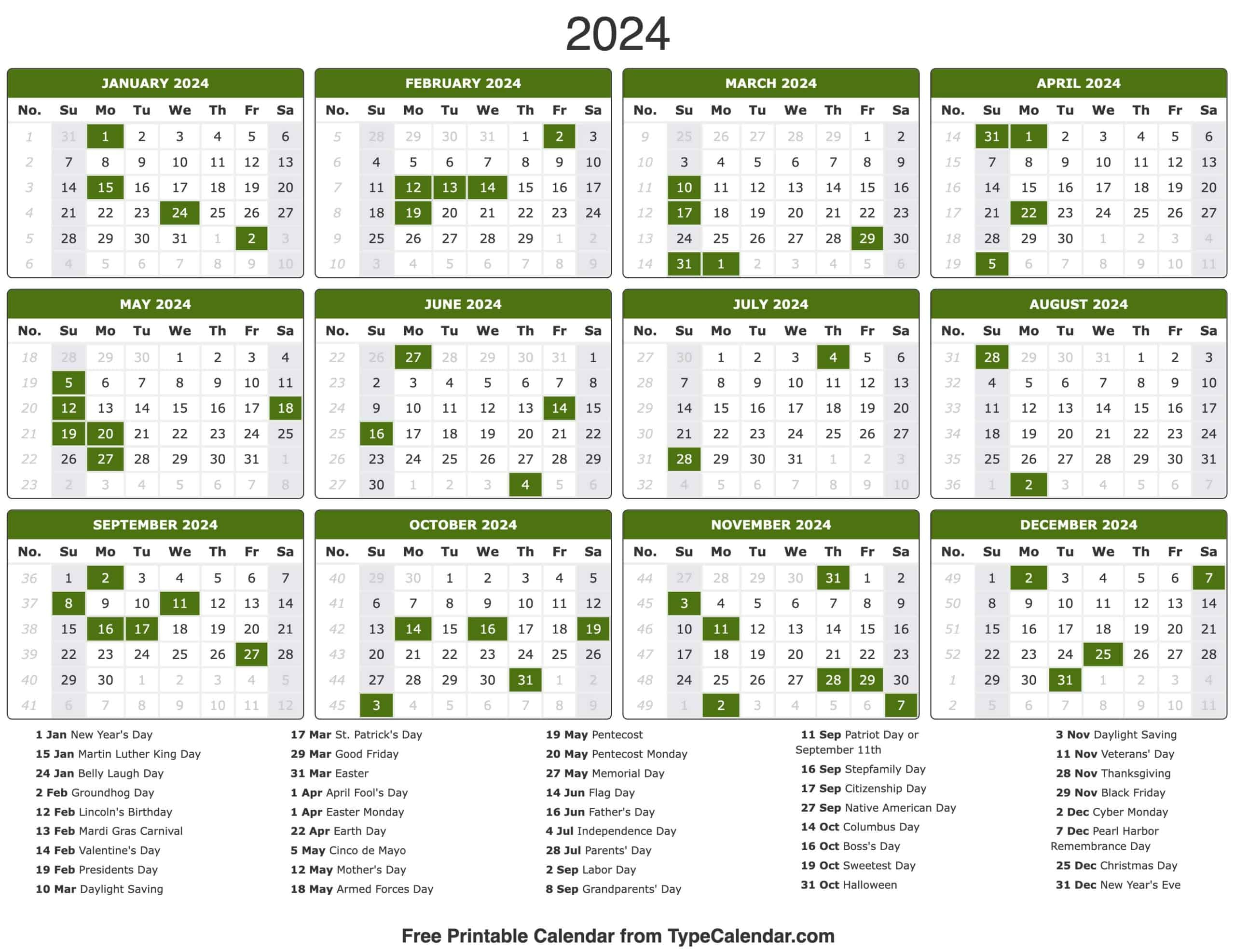 2024 Calendar: Free Printable Calendar With Holidays | 2024 Calendar with Holidays Printable