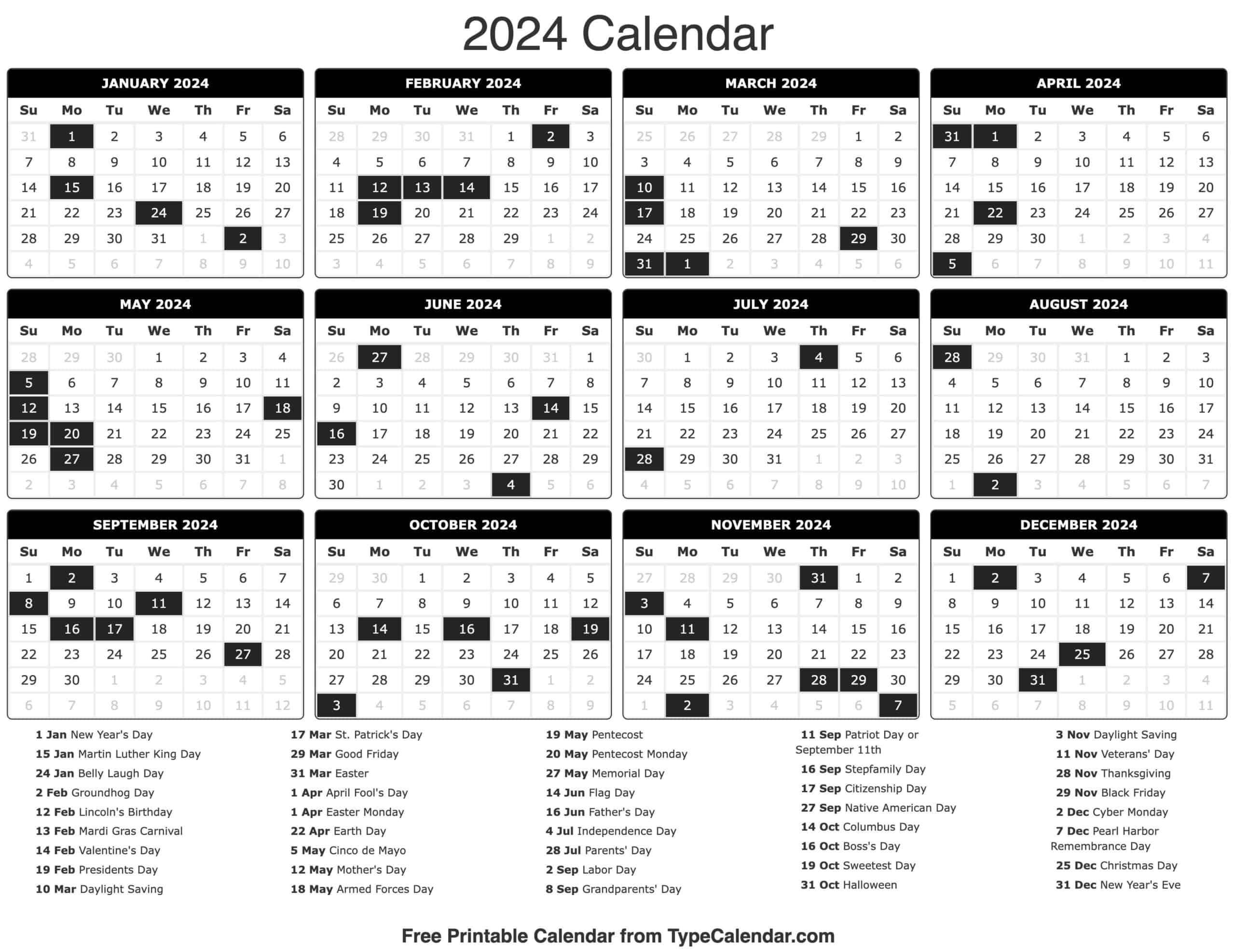 2024 Calendar: Free Printable Calendar With Holidays | 2024 Julian Calendar Printable