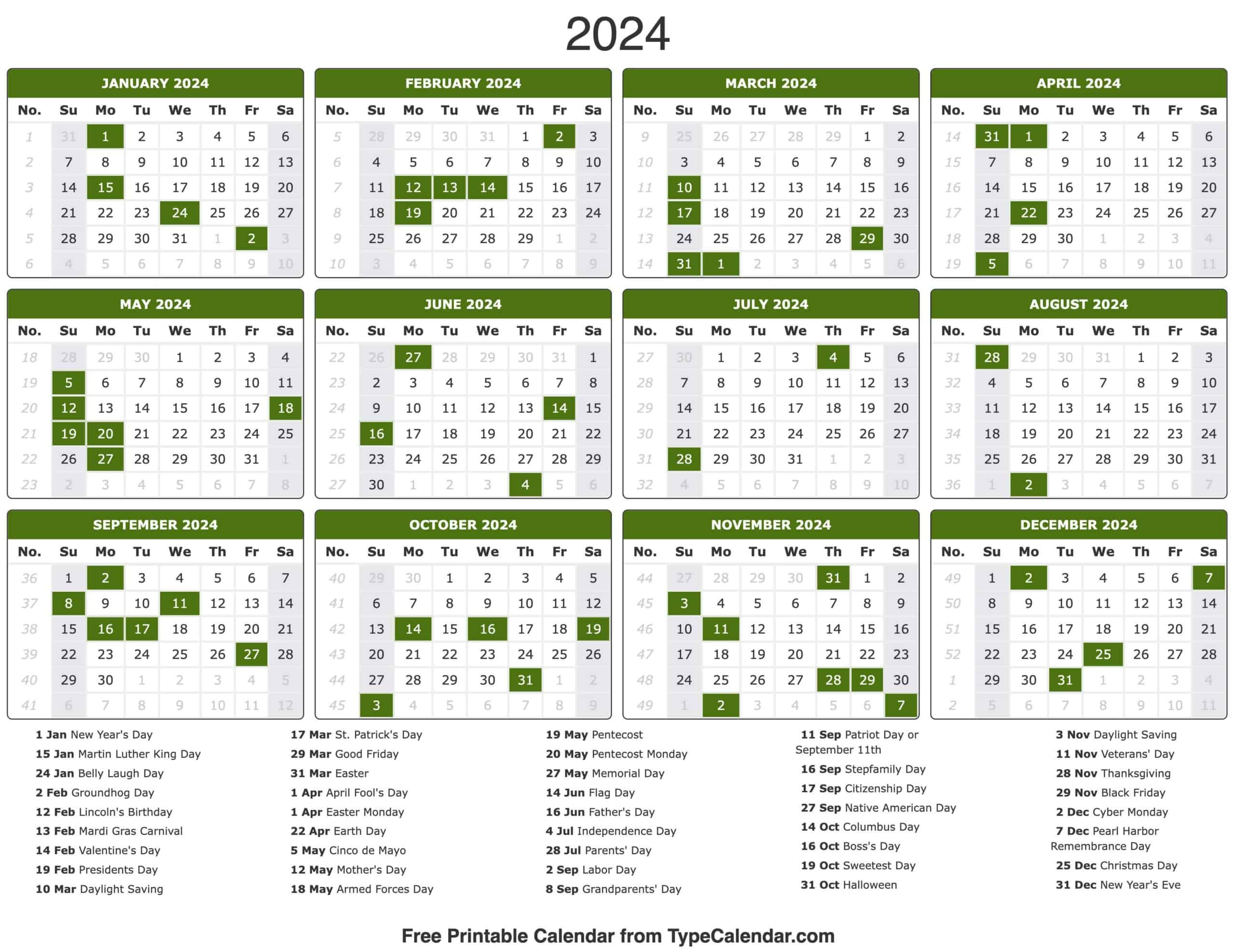 2024 Calendar: Free Printable Calendar With Holidays | 2024 Printable Holiday Calendar