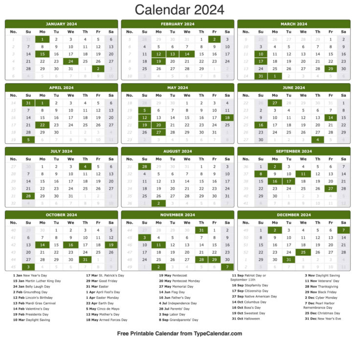 2024 Yearly Calendar Printable with Holidays | Calendar 2024