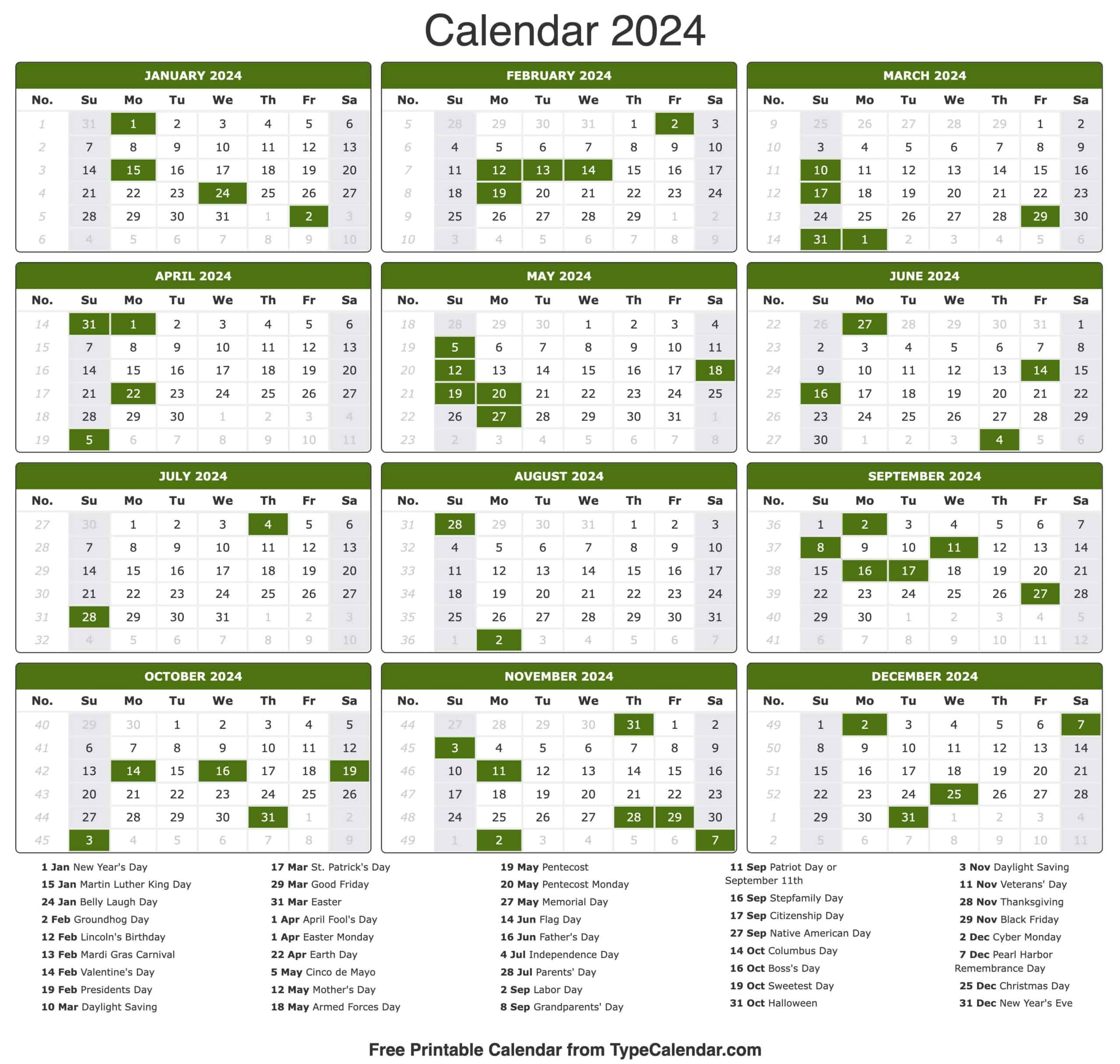 2024 Calendar: Free Printable Calendar With Holidays | Free Printable 2024 Yearly Calendar With Holidays