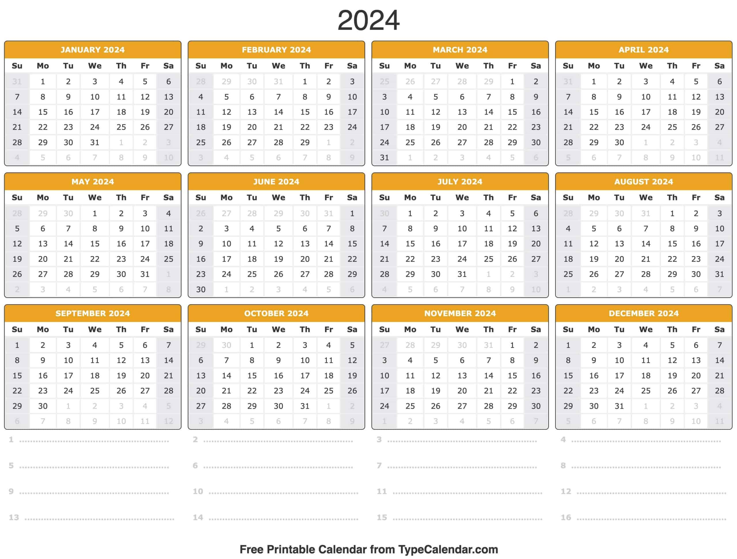 2024 Calendar: Free Printable Calendar With Holidays | Free Printable Yearly Calendar 2024 with Lines