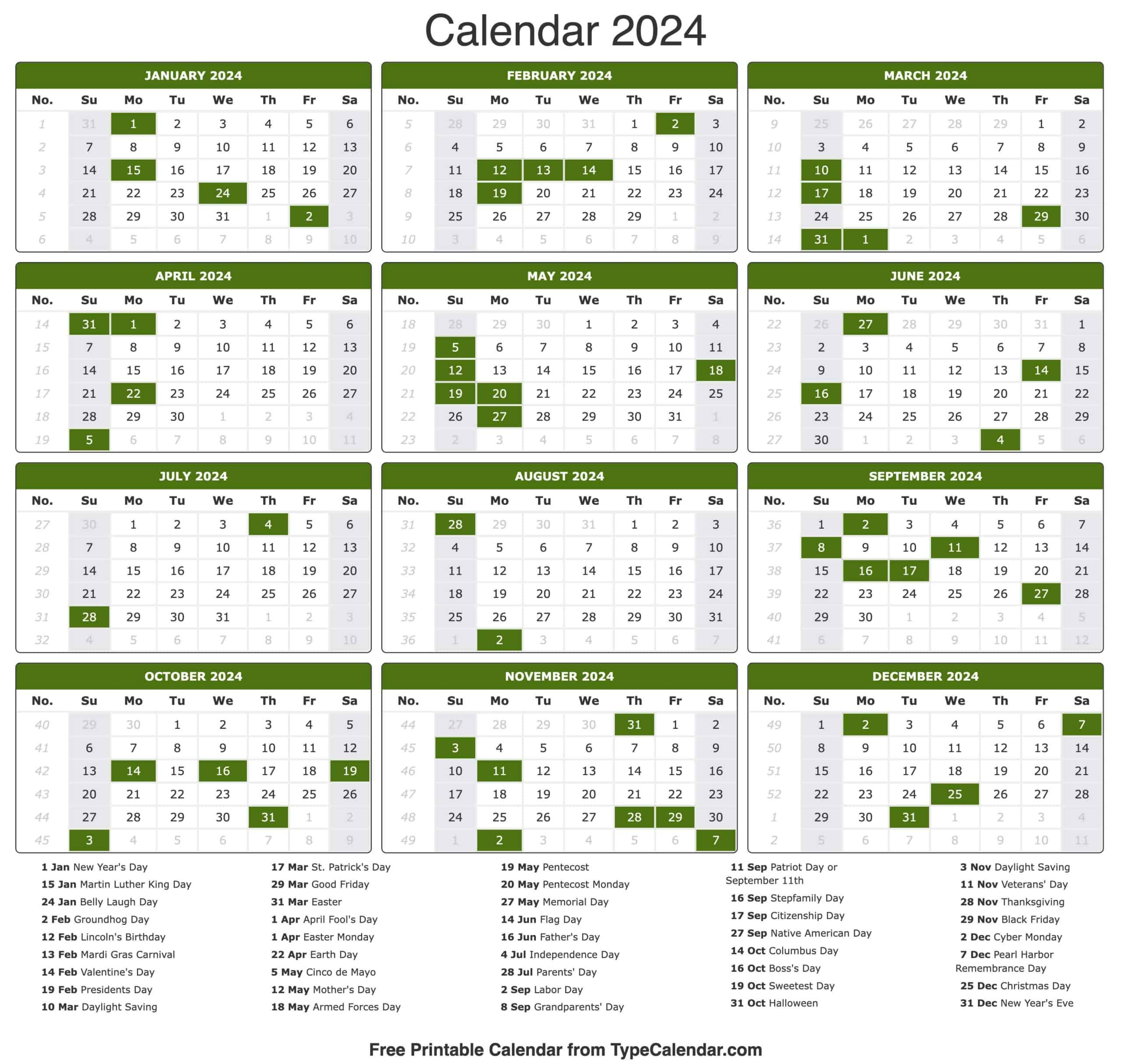 Printable 2024 Calendar with Us Holidays Calendar 2024 Printable