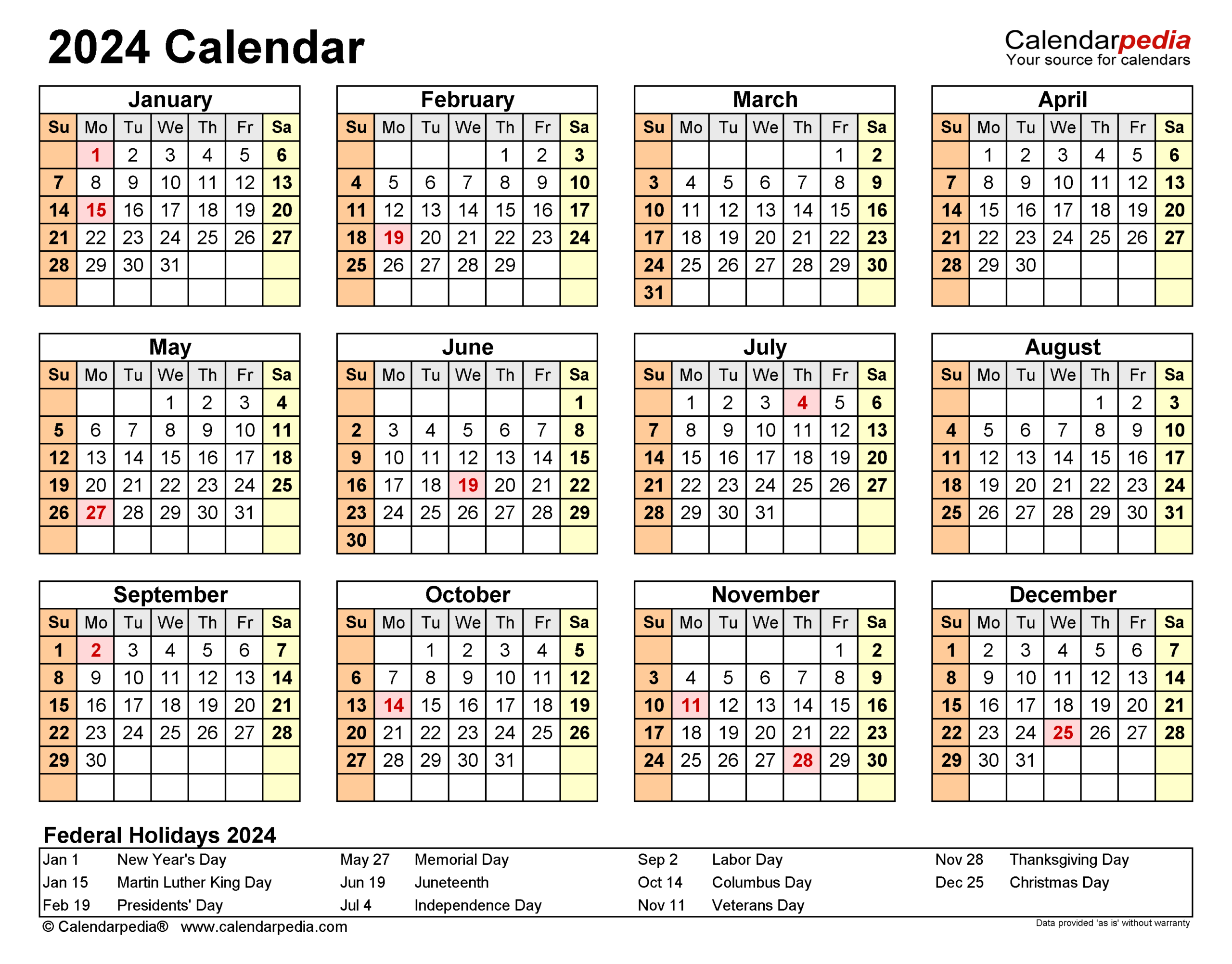 2024 Calendar - Free Printable Word Templates - Calendarpedia |  Calendar 2024