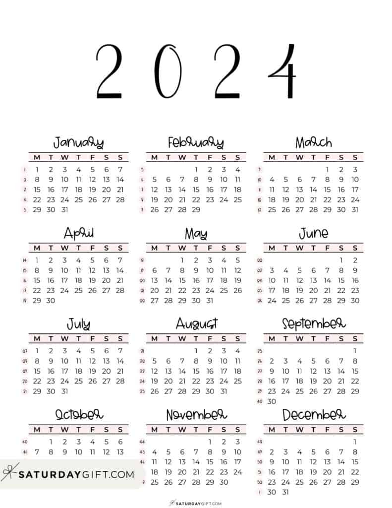 2024 Calendar Printable - Cute &amp;amp; Free 2024 Yearly Calendar Templates | 2024 Calendar at a Glance Printable