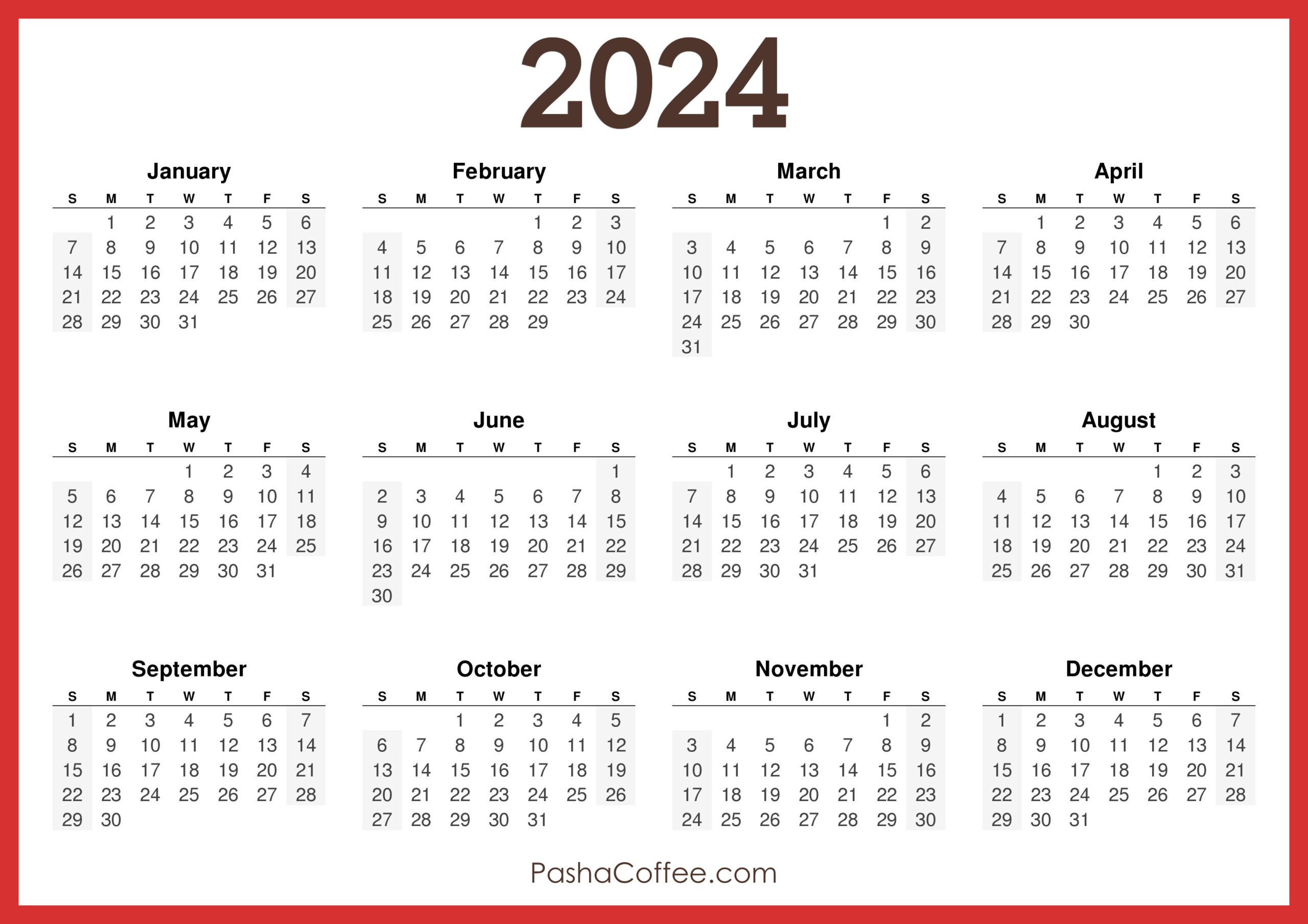 2024 Calendar Printable Free, Horizontal, Red – Pashacoffee | 2024 Annual Calendar Printable Free