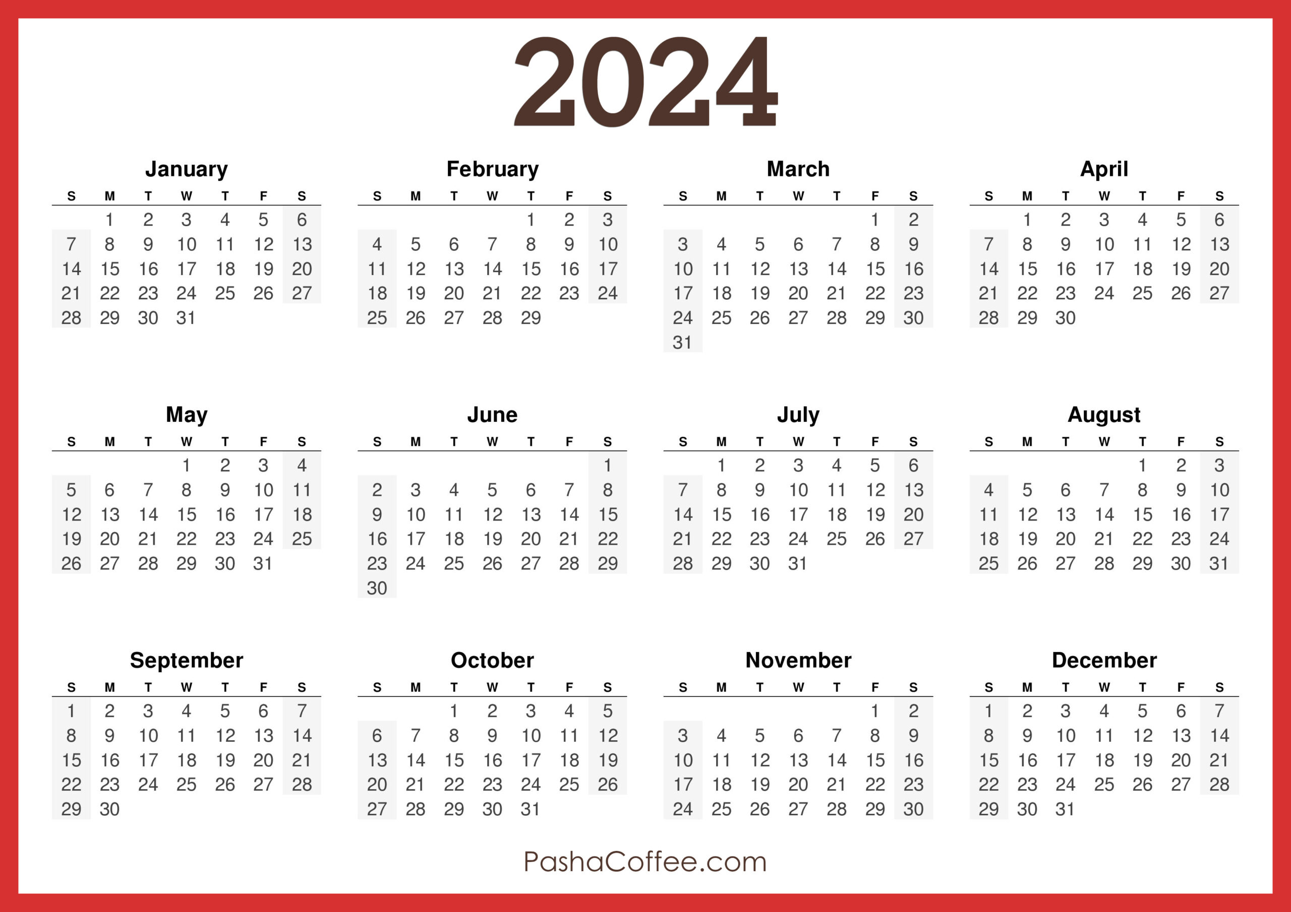 2024 Calendar Printable Free, Horizontal, Red – Pashacoffee | 2024 Calendar One Page Printable PDF