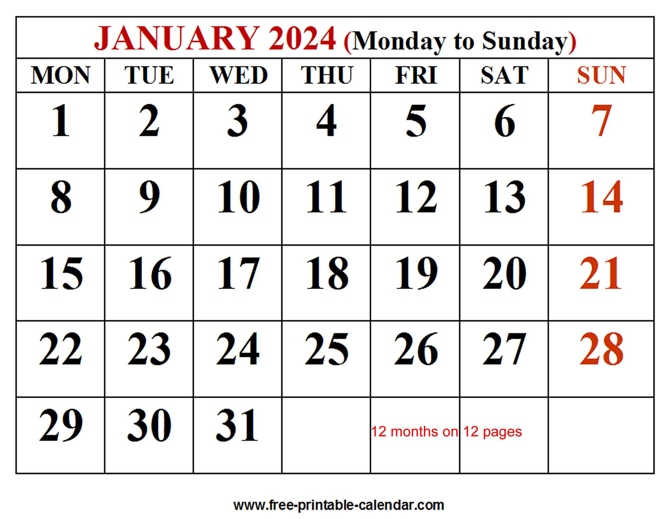 2024 Calendar Template - Free-Printable-Calendar | 2024 Calendar Pages Printable