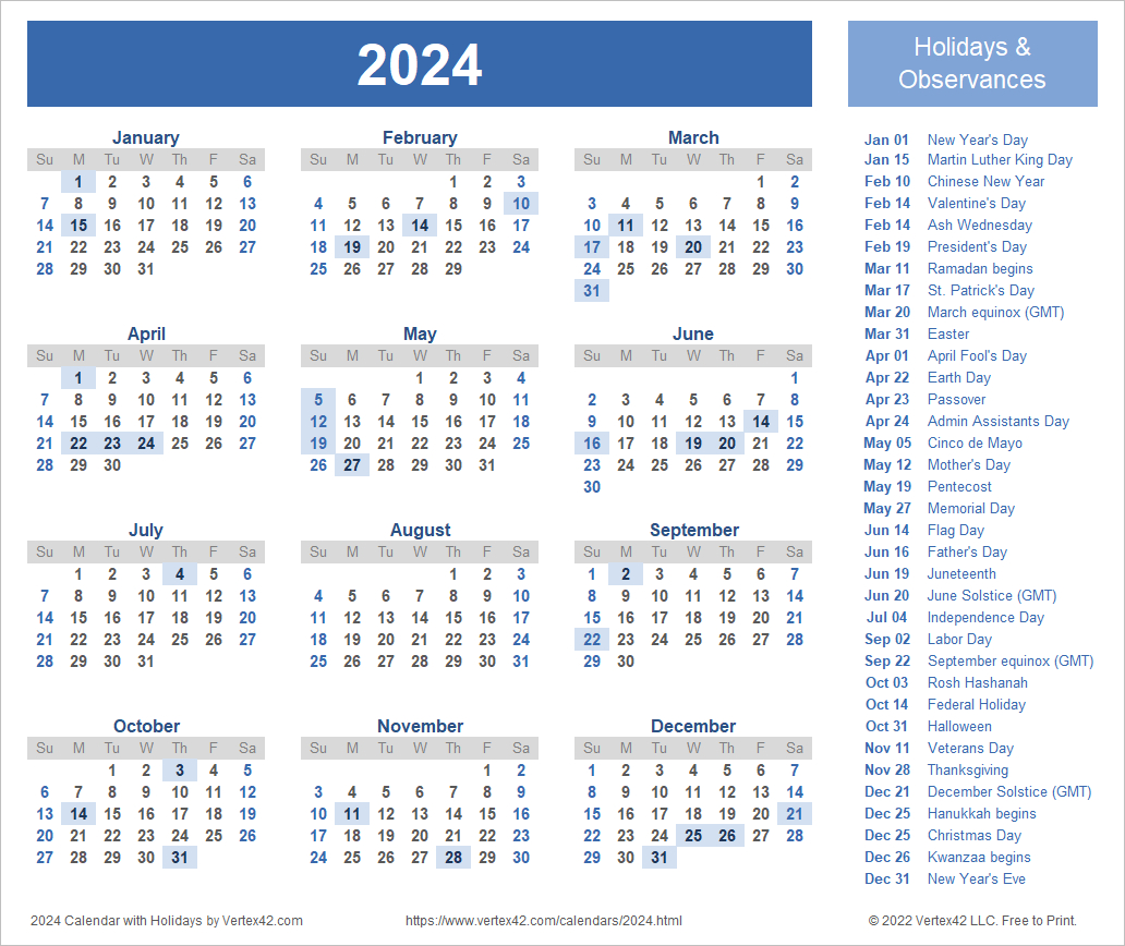 2024 Calendar Templates And Images | 2024 Printable Calendar With Holidays By Month