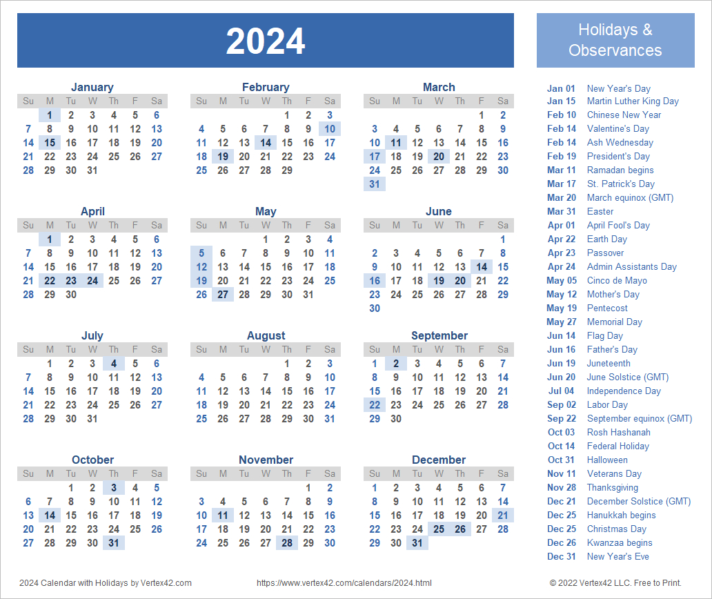 Free Printable 2024 Yearly Calendar with Holidays | Calendar 2024 ...