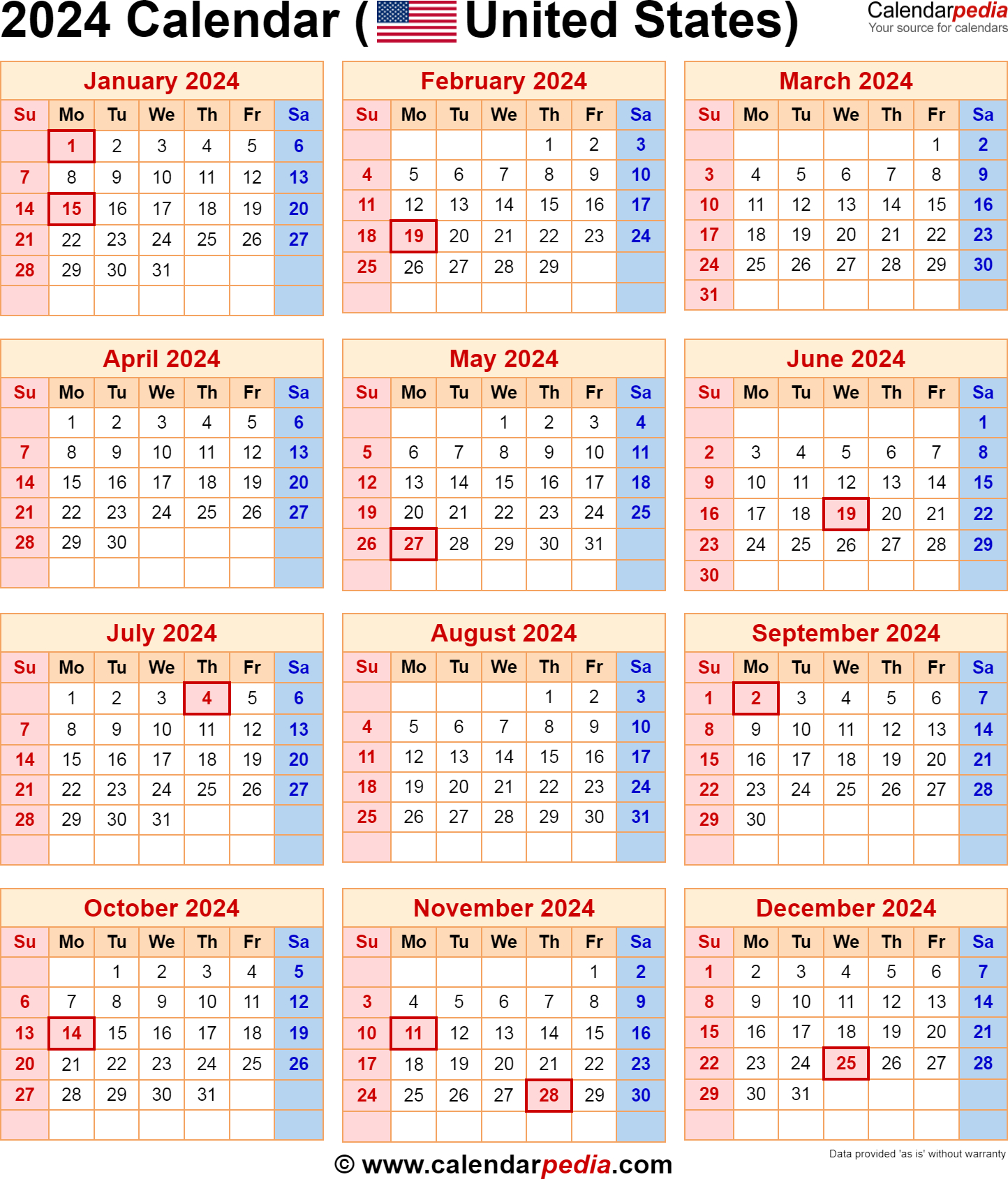 2024 Calendar With Federal Holidays | 2024 Calendar with Federal Holidays Printable PDF