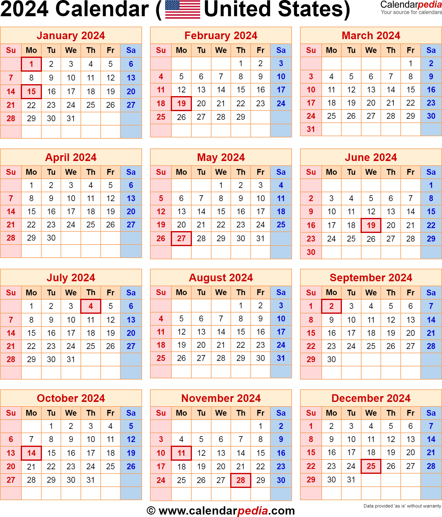 2024 Calendar With Federal Holidays |  Calendar 2024