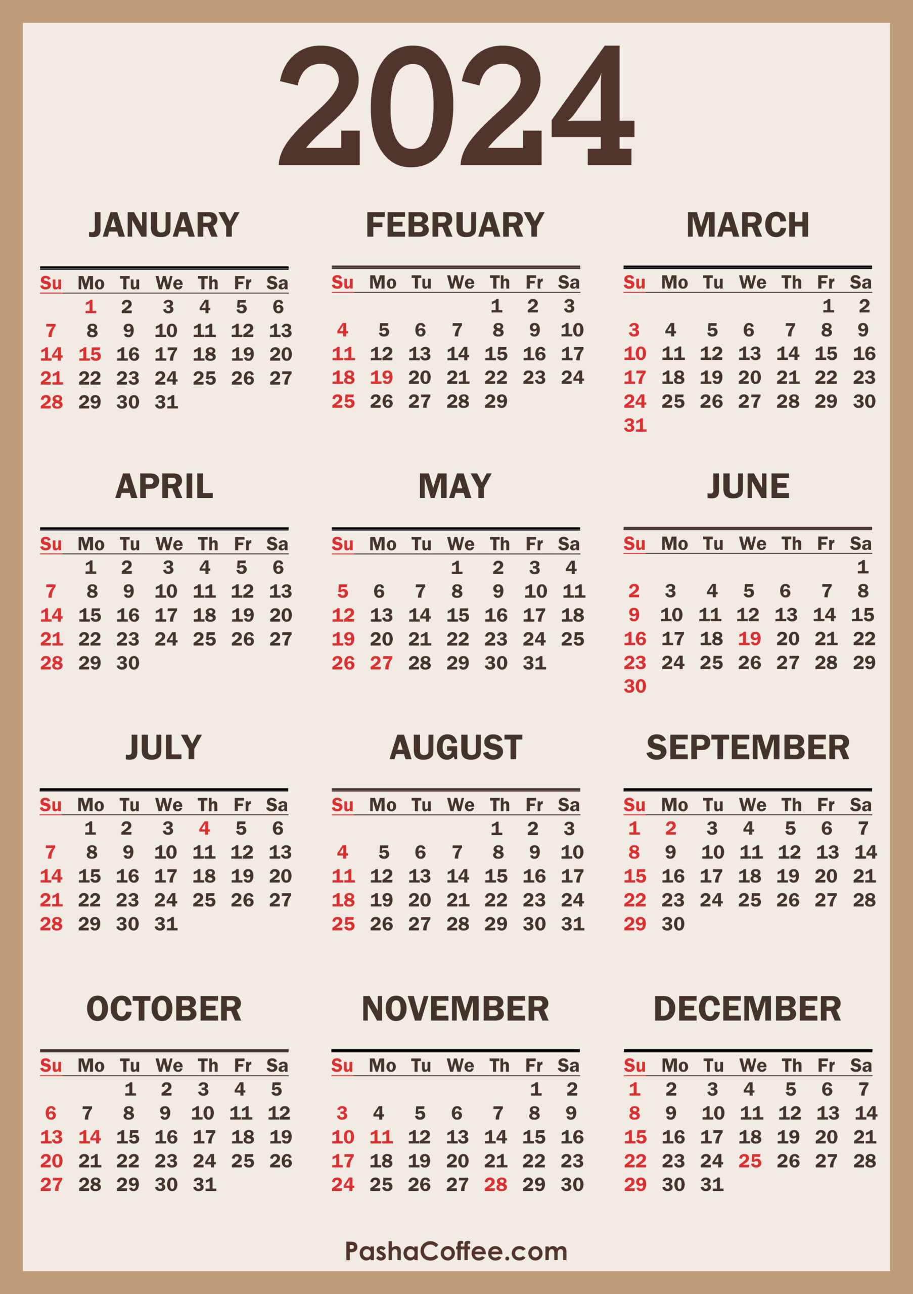 2024 Calendar With Holidays, Printable Free, Vertical | 2024 Annual Calendar Printable Free